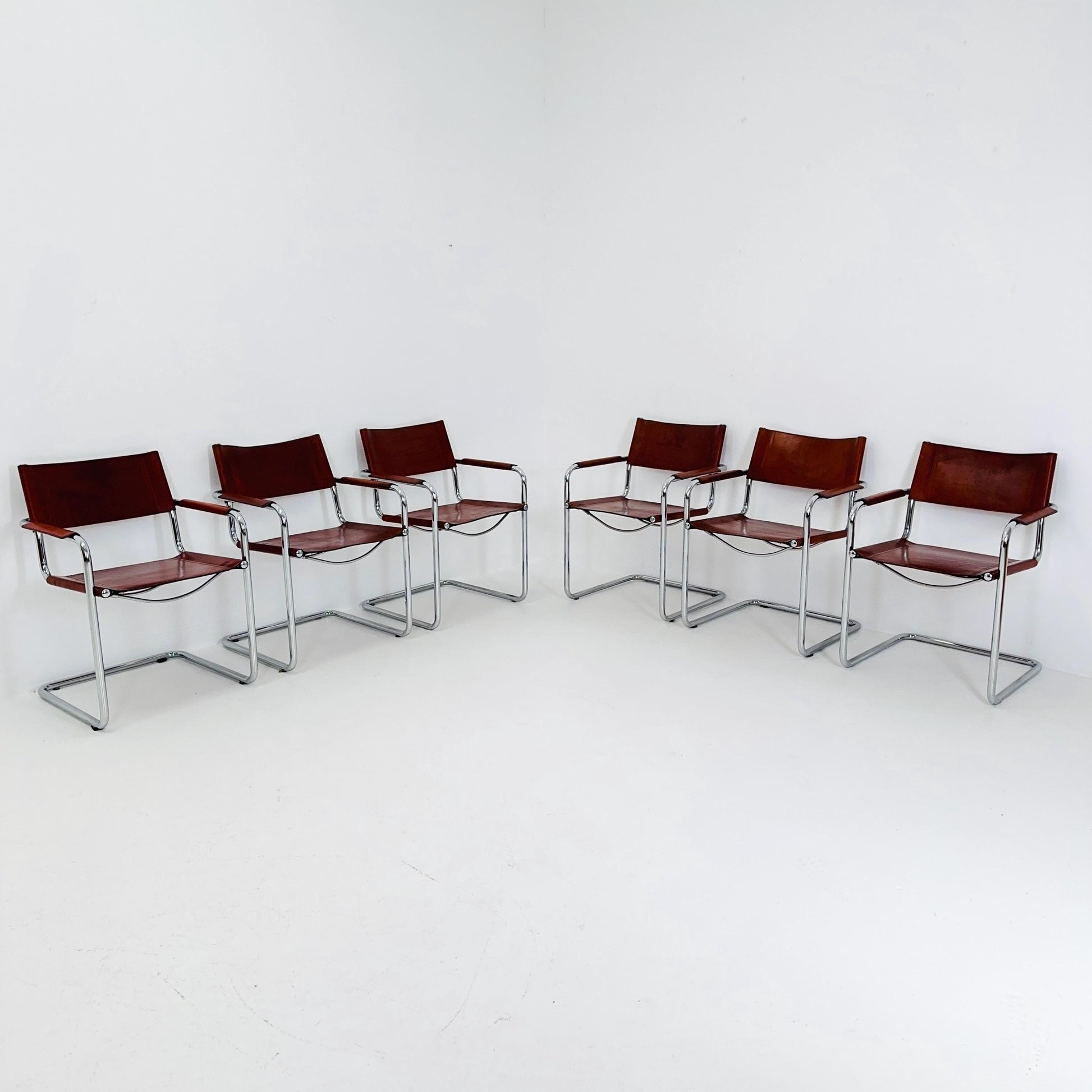 Set of 6 Model MG5 Centro Studi dining cognac leather chairs by Mart Stam & Marcel Breuer for Matteo Grassi, 1980s