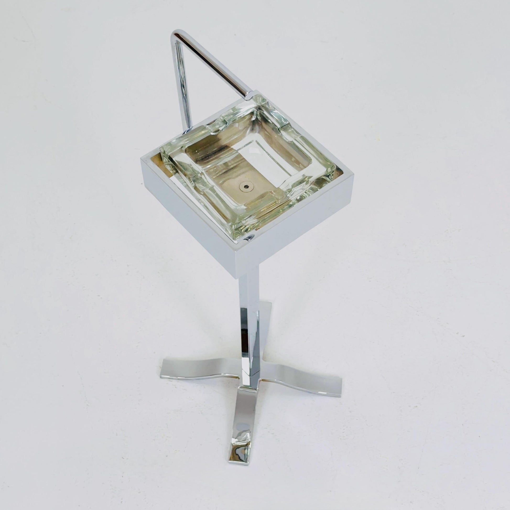 Mid-Century Bauhaus Glass & Chrome Stand Ashtray – Germany 1980s