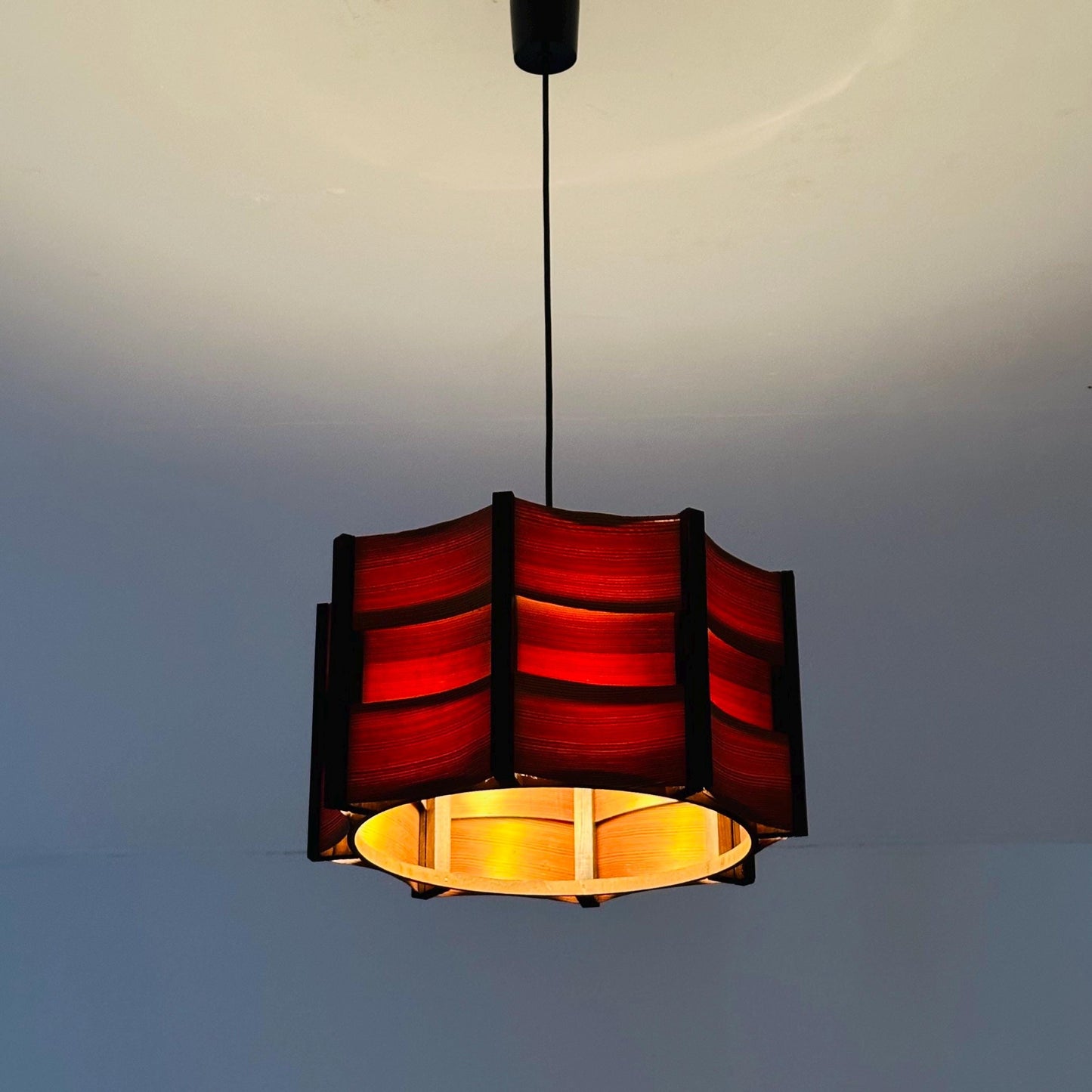 Mid-Century Modern Danish Pendant Lamp – Sculptural Wooden Shade, 1960s Denmark