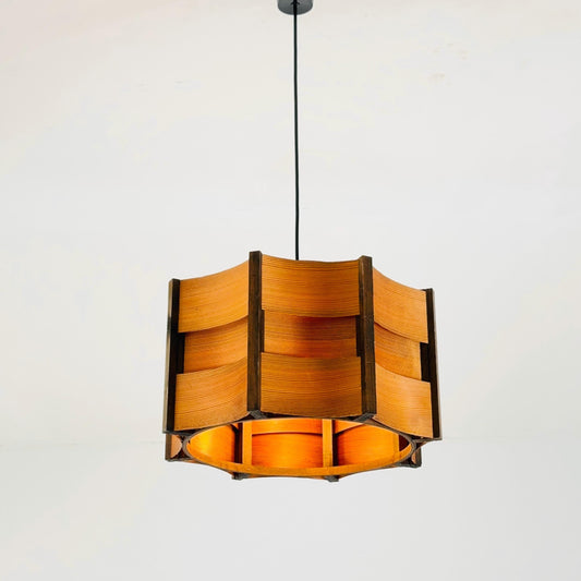 Mid-Century Modern Danish Pendant Lamp – Sculptural Wooden Shade, 1960s Denmark