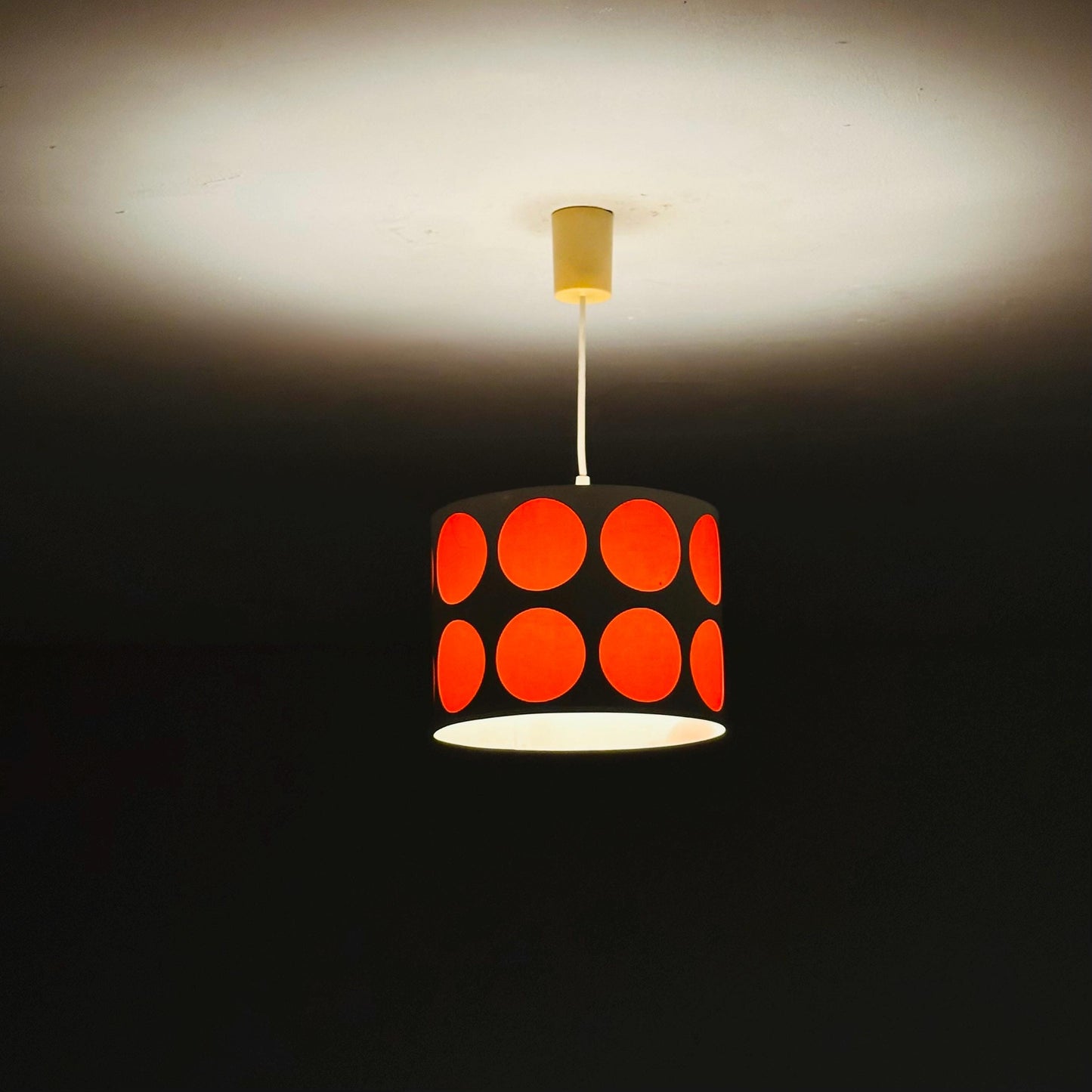 Mid-Century Pop Art Pendant Lamp – White Perforated Metal with Orange Circles, 1970s Germany