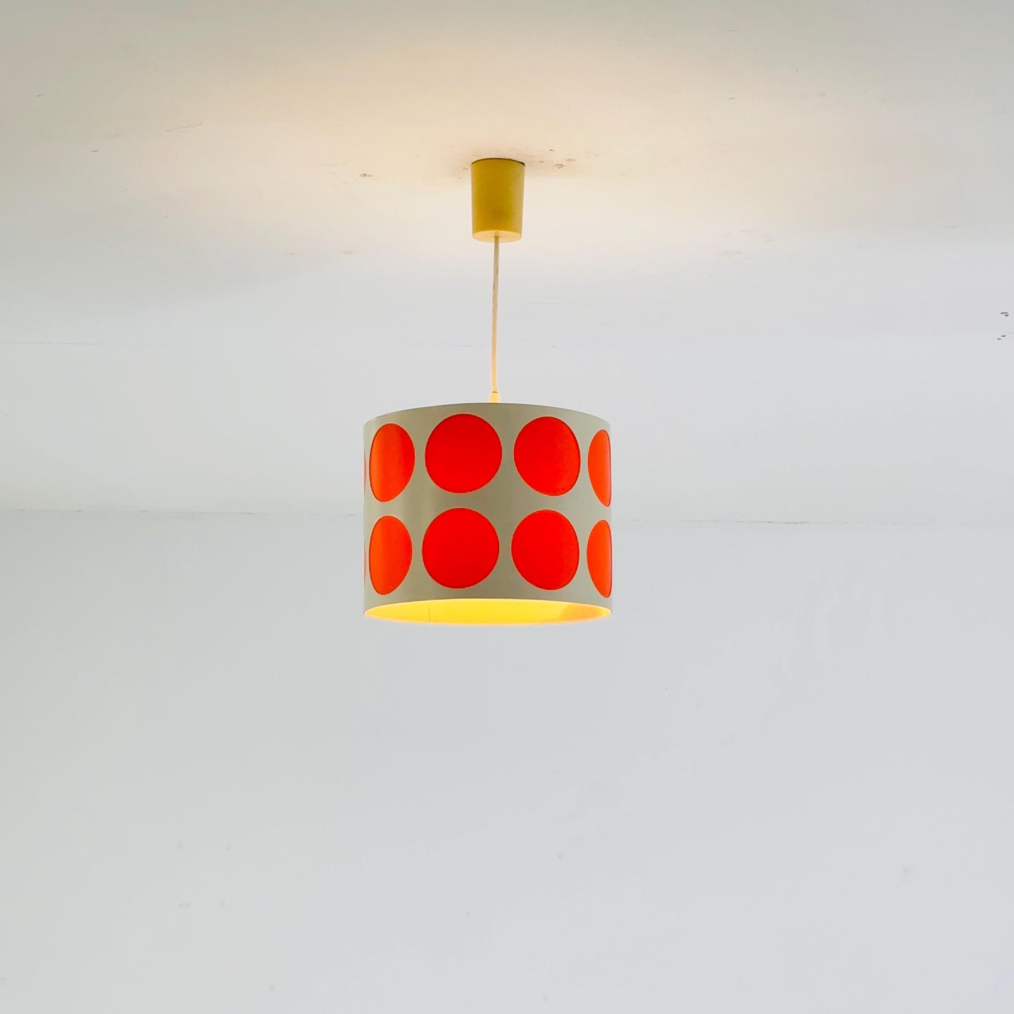 Mid-Century Pop Art Pendant Lamp – White Perforated Metal with Orange Circles, 1970s Germany