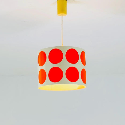 Mid-Century Pop Art Pendant Lamp – White Perforated Metal with Orange Circles, 1970s Germany
