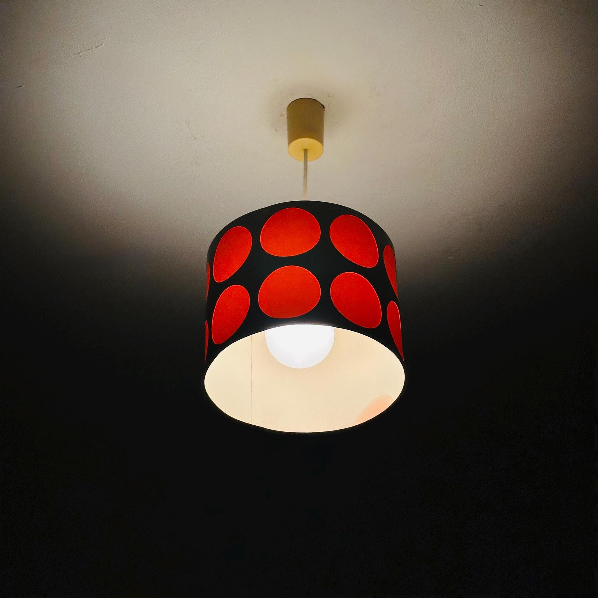 Mid-Century Pop Art Pendant Lamp – White Perforated Metal with Orange Circles, 1970s Germany