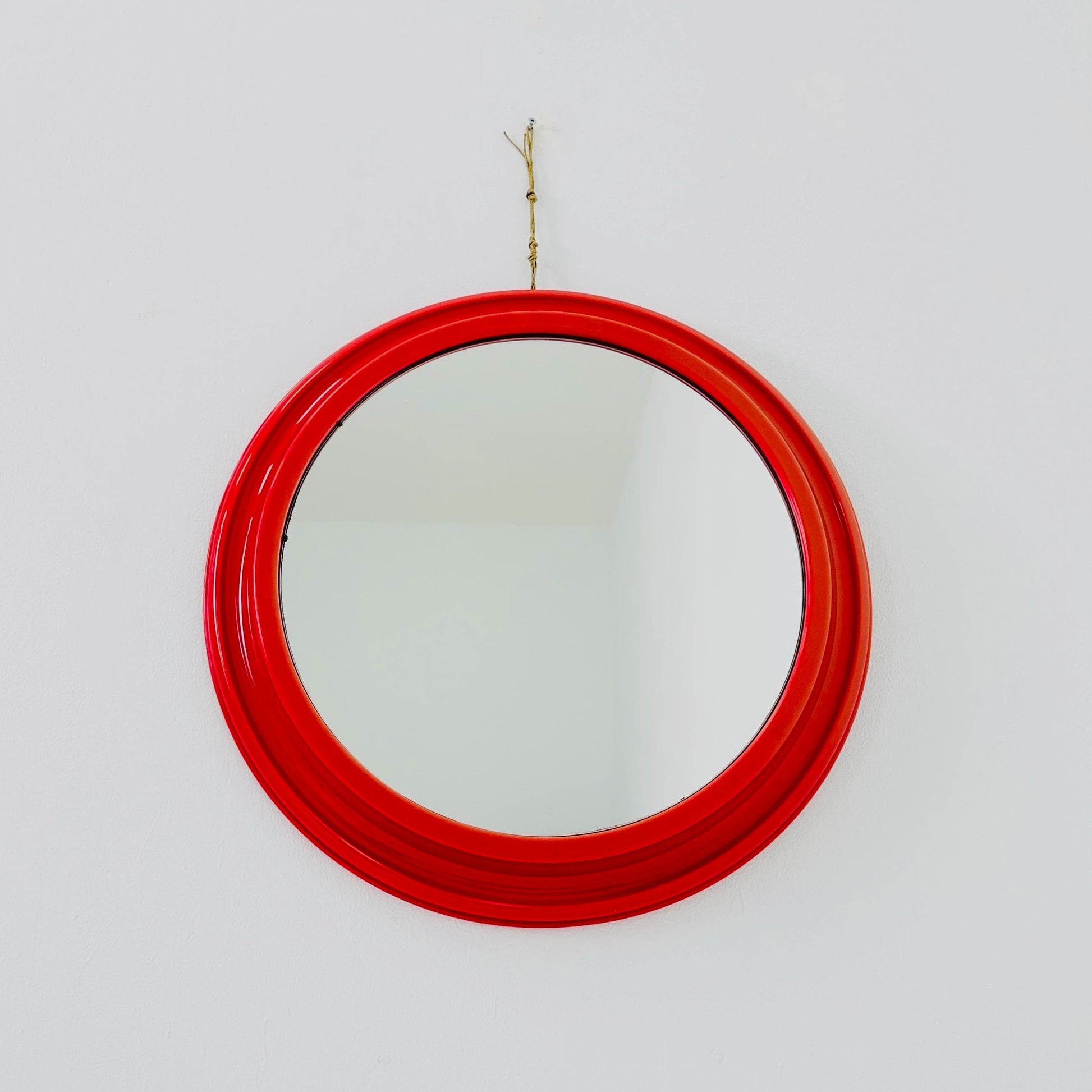 Mid-Century Space Age Red Round Wall Mirror | Italy 1980s