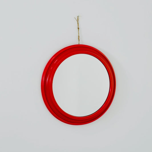 Mid-Century Space Age Red Round Wall Mirror | Italy 1980s