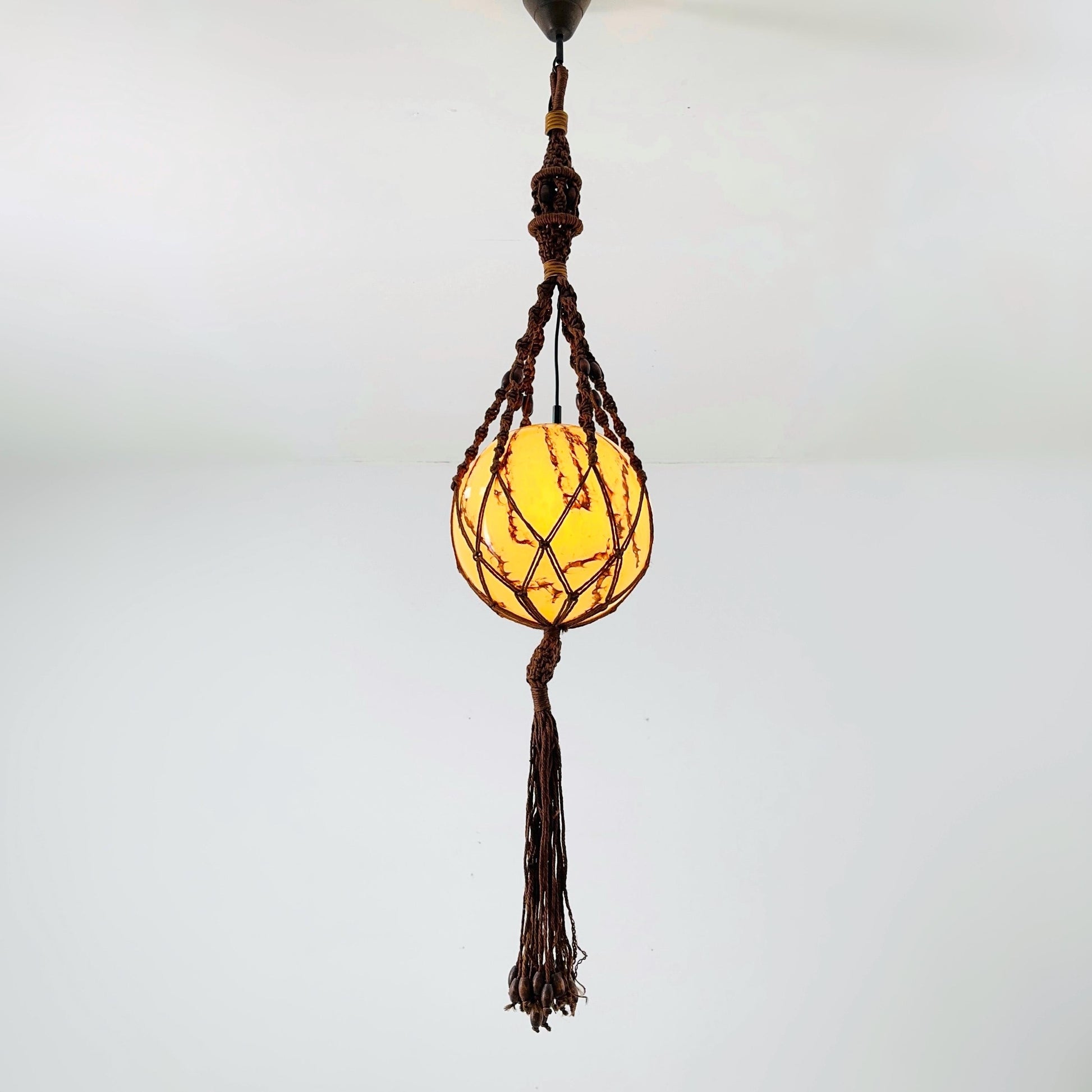 Mid century Handmade Woven Sisal & Glass Hanging Lamp – 1970s Germany