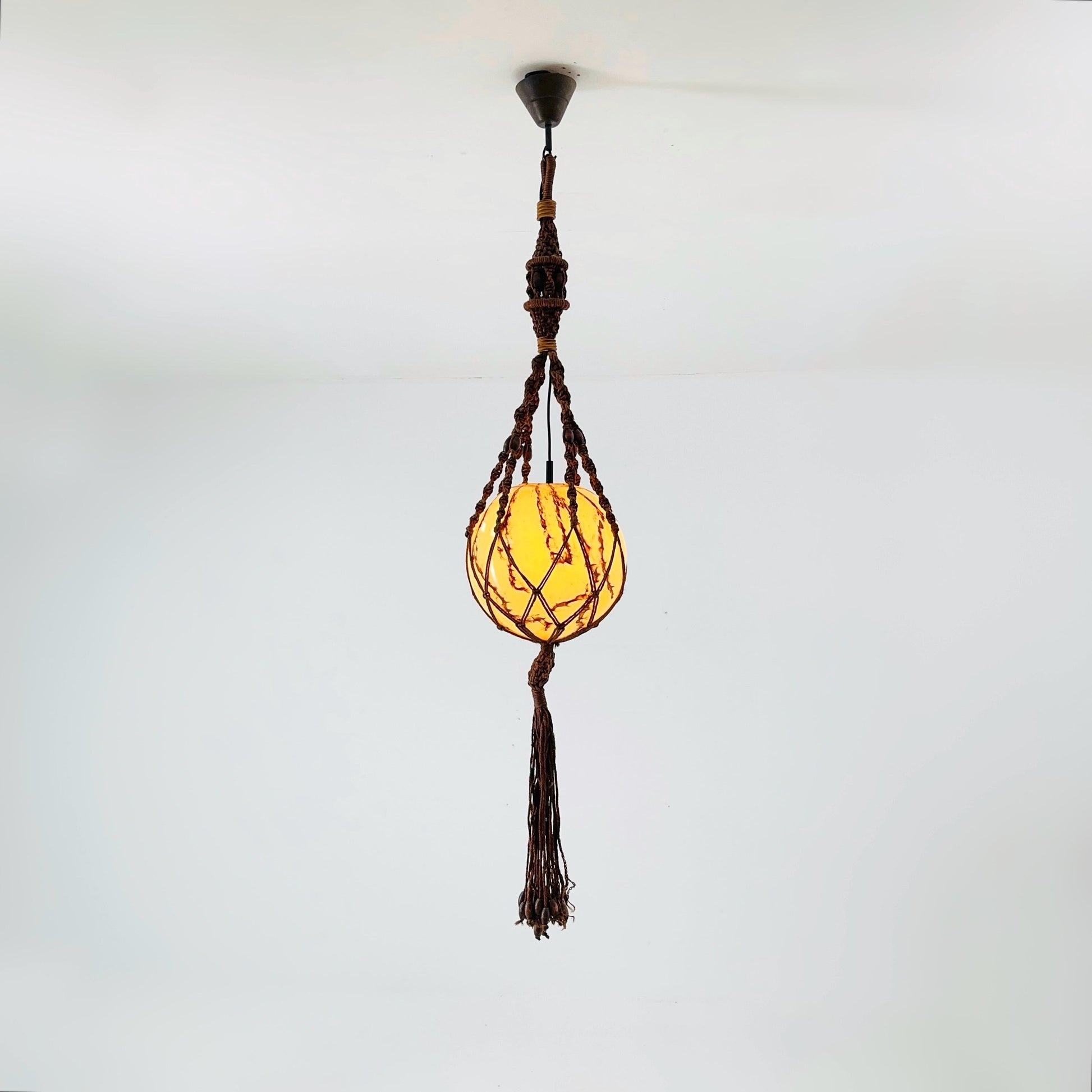 Mid century Handmade Woven Sisal & Glass Hanging Lamp – 1970s Germany