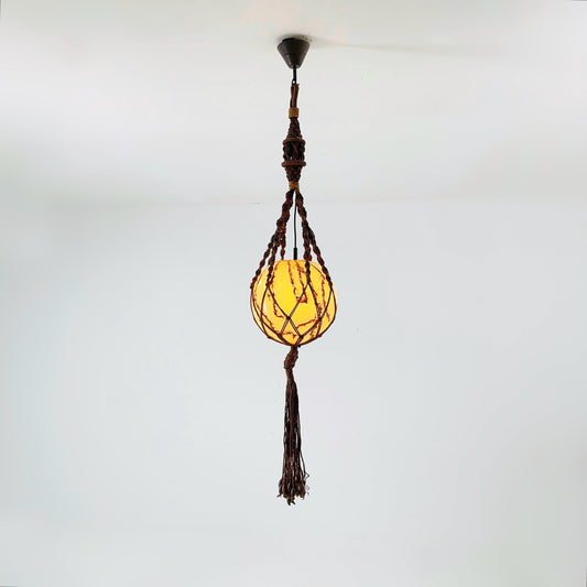 Mid century Handmade Woven Sisal & Glass Hanging Lamp – 1970s Germany