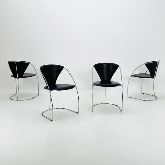 Set of 4 Mid-Century Modern Dining Armchairs by Arrben | Model Linda, Black Leather & Chrome, Italy 1980s