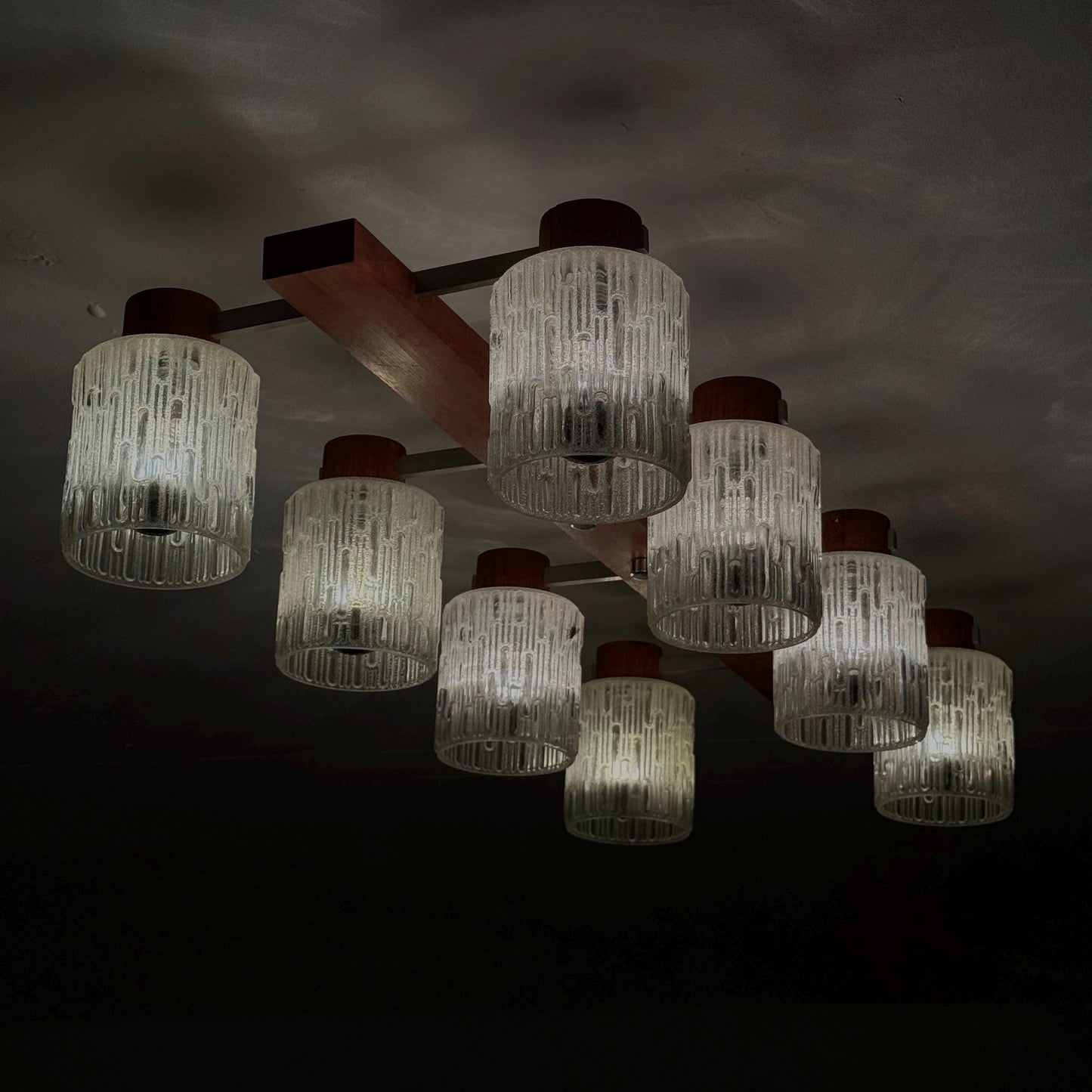 Mid century Scandinavian Ceiling Lamp with Teak Base & Textured Glass Shades, 1960s