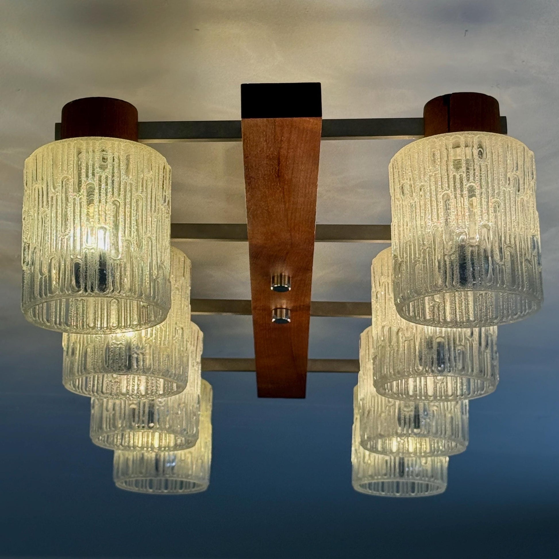 Mid century Scandinavian Ceiling Lamp with Teak Base & Textured Glass Shades, 1960s