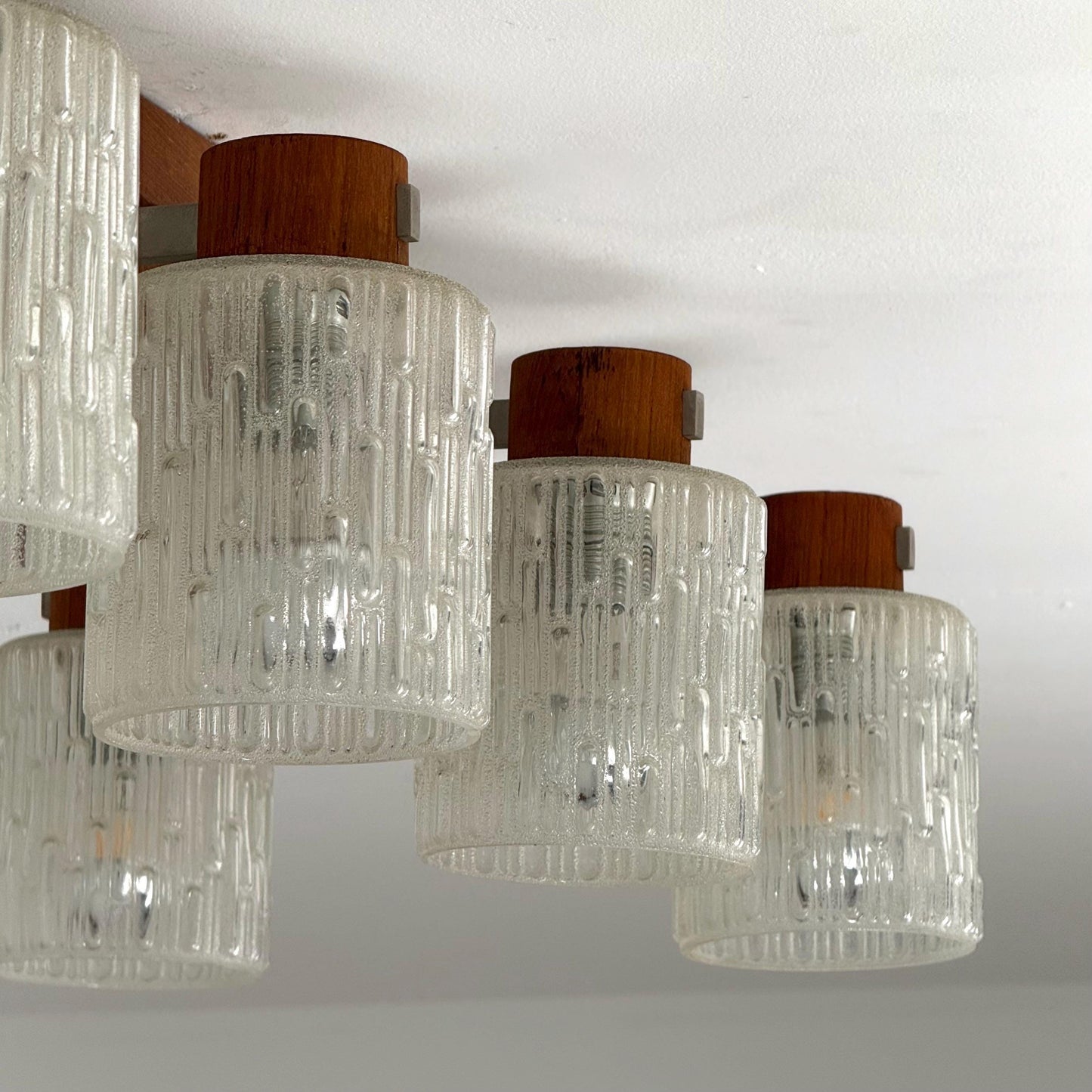 Mid century Scandinavian Ceiling Lamp with Teak Base & Textured Glass Shades, 1960s