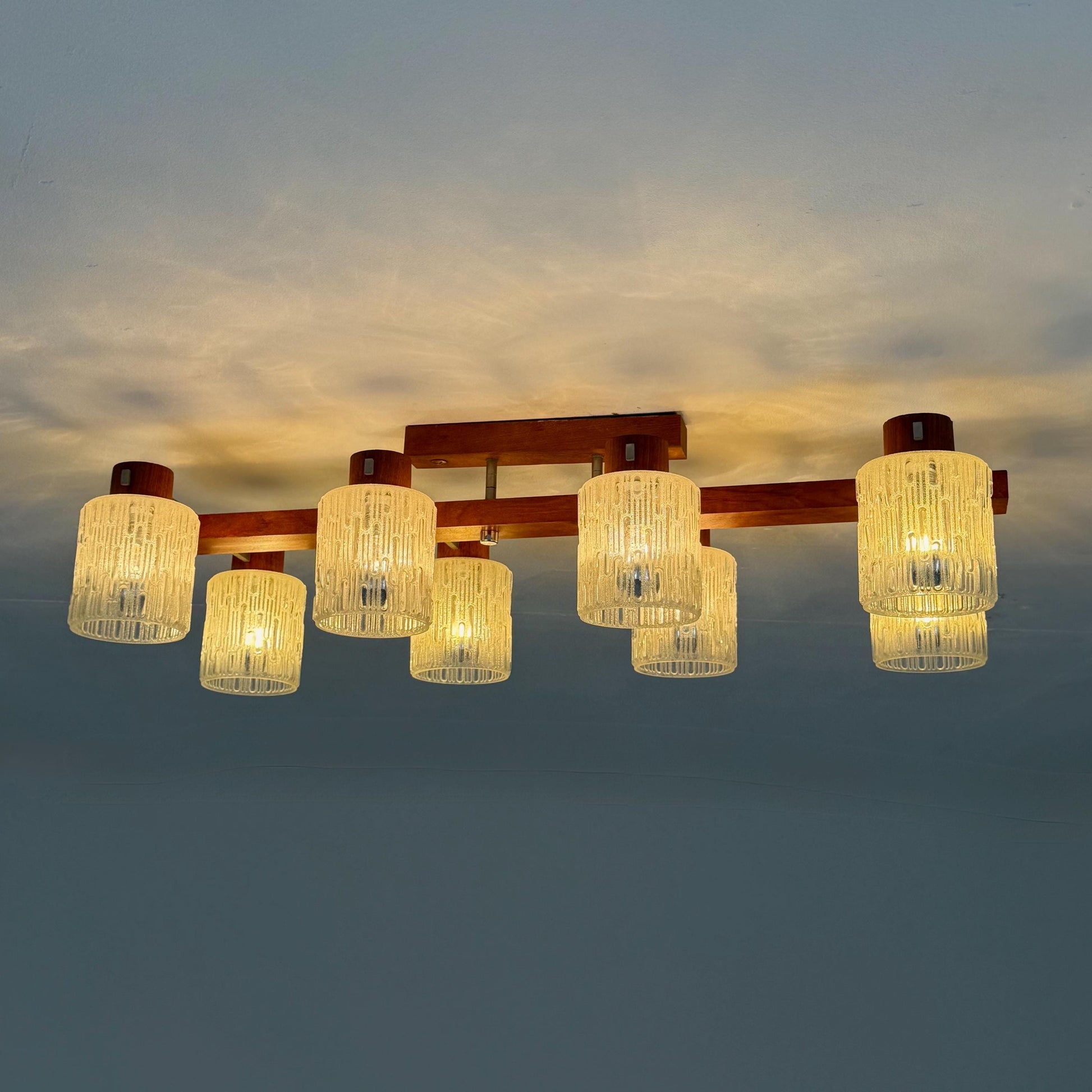 Mid century Scandinavian Ceiling Lamp with Teak Base & Textured Glass Shades, 1960s