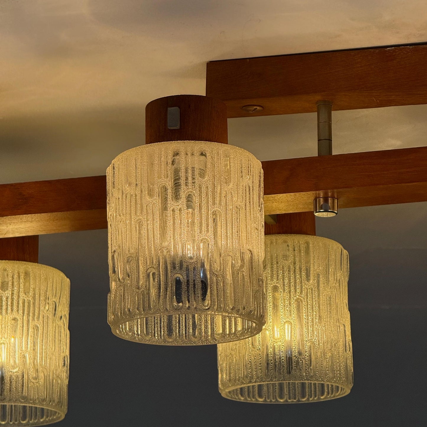 Mid century Scandinavian Ceiling Lamp with Teak Base & Textured Glass Shades, 1960s