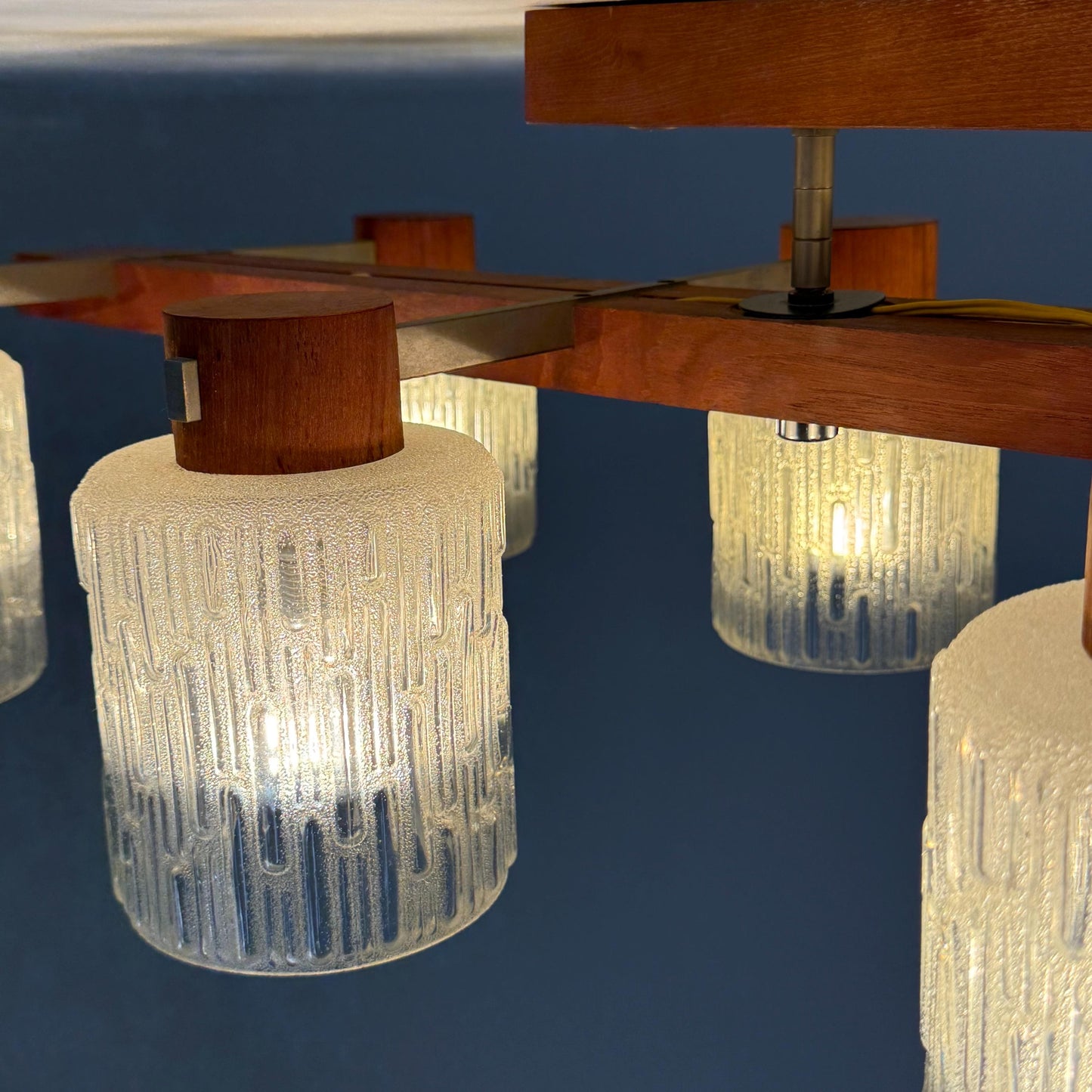 Mid century Scandinavian Ceiling Lamp with Teak Base & Textured Glass Shades, 1960s