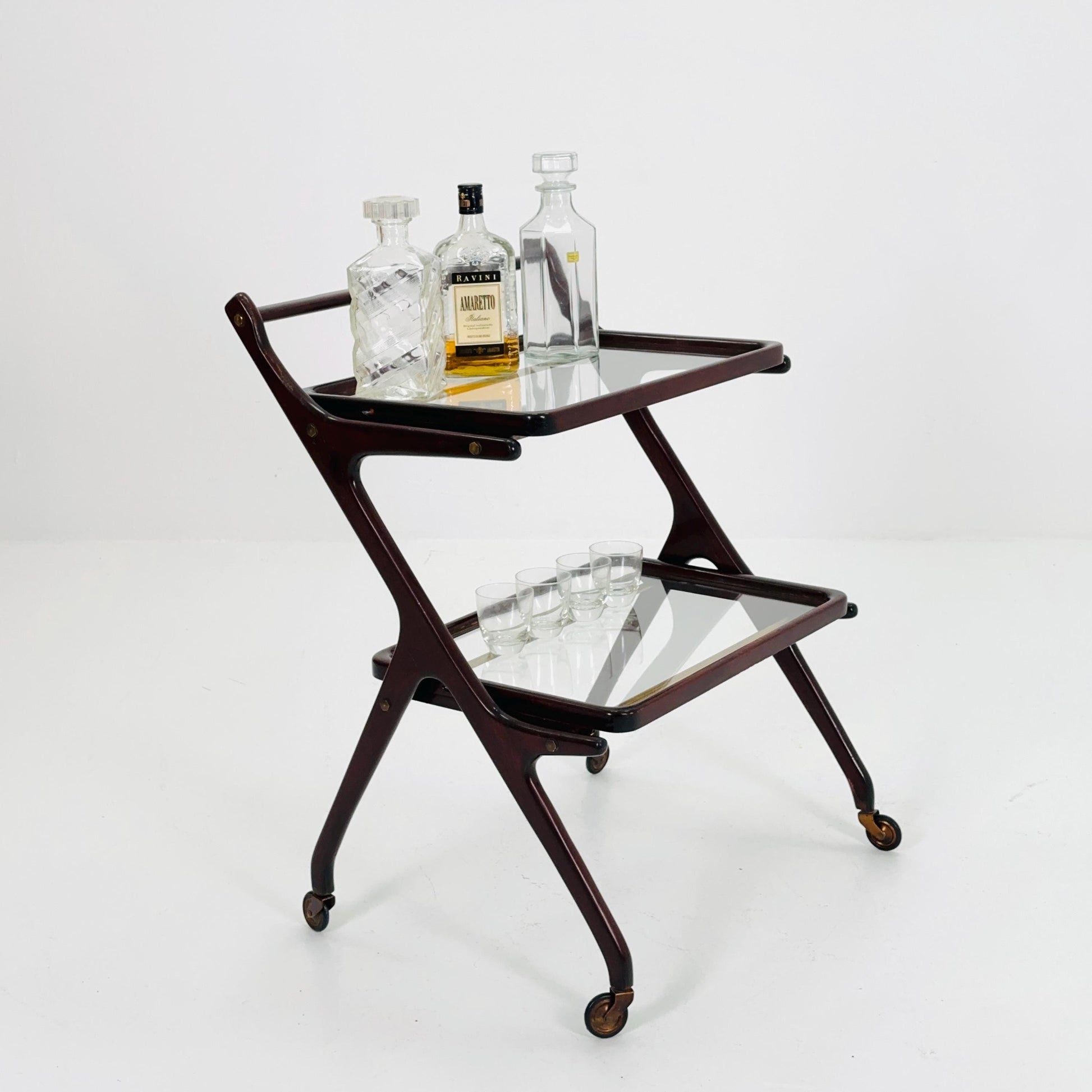1950s Italian Mid-Century Serving Trolley – Wood & Glass, Attributed to Cesare Lacca
