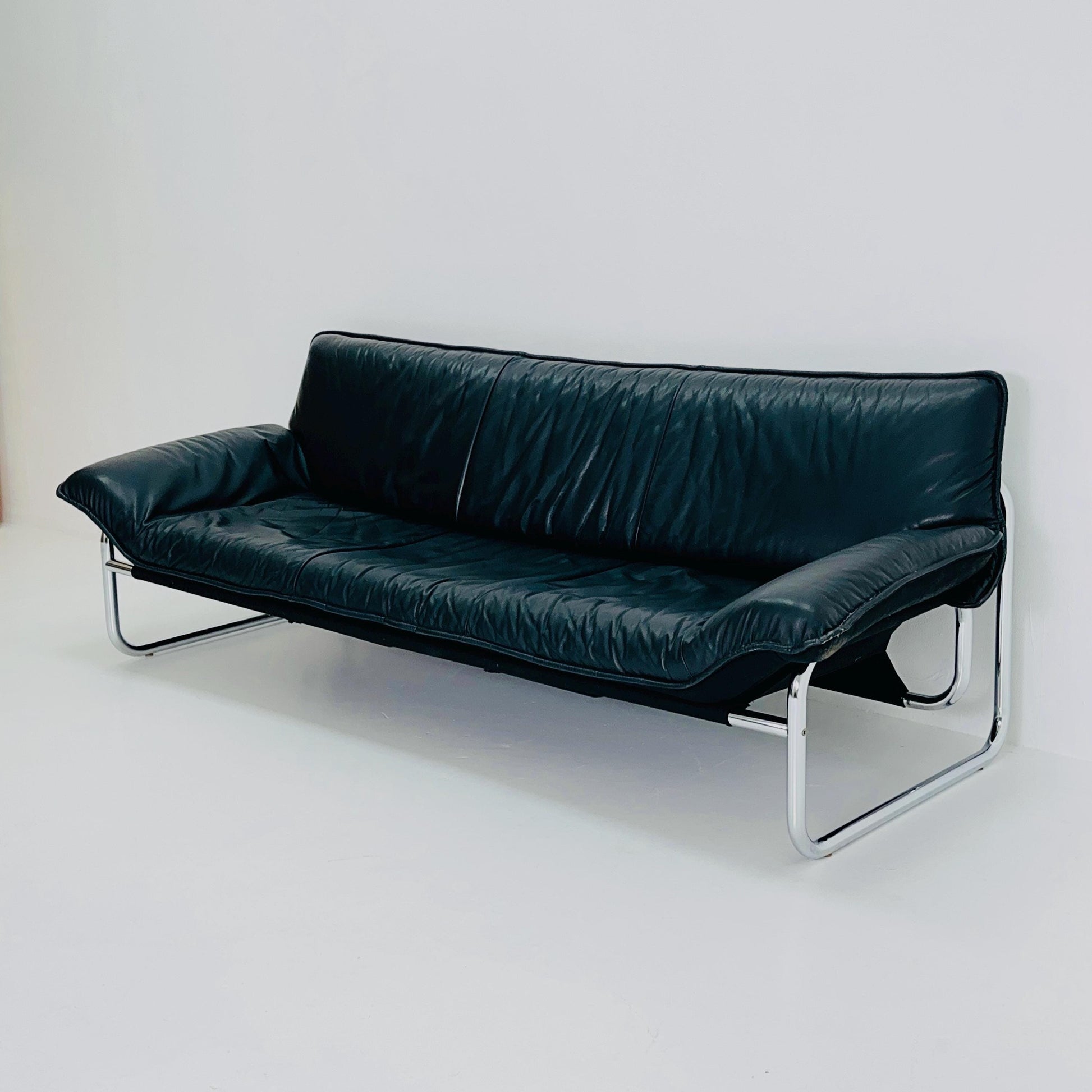 Mid century Black leather 3-seater sofa by Johan Bertil Häggström for Ikea 1980s Sweden