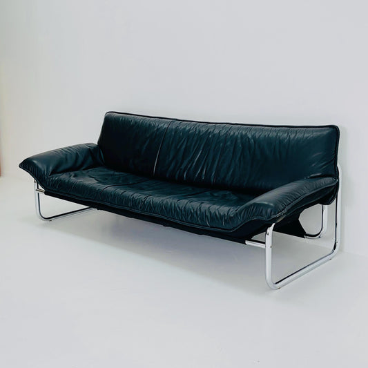 Mid century Black leather 3-seater sofa by Johan Bertil Häggström for Ikea 1980s Sweden