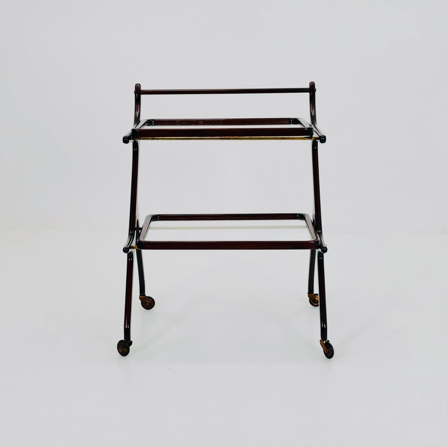 Mid-Century Italian Bar Cart by Cesare Lacca – Walnut & Brass Trolley with Removable Glass Trays, 1950s ltaly