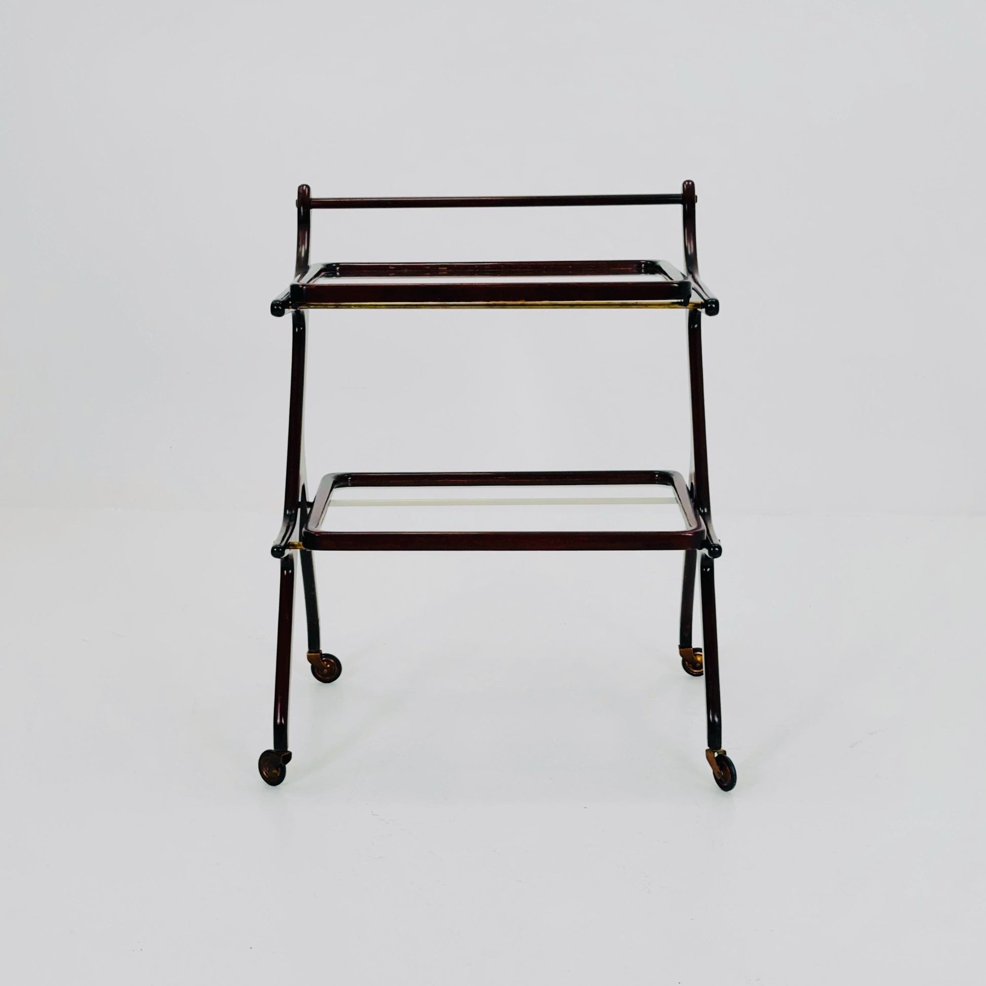 Mid-Century Italian Bar Cart by Cesare Lacca – Walnut & Brass Trolley with Removable Glass Trays, 1950s ltaly