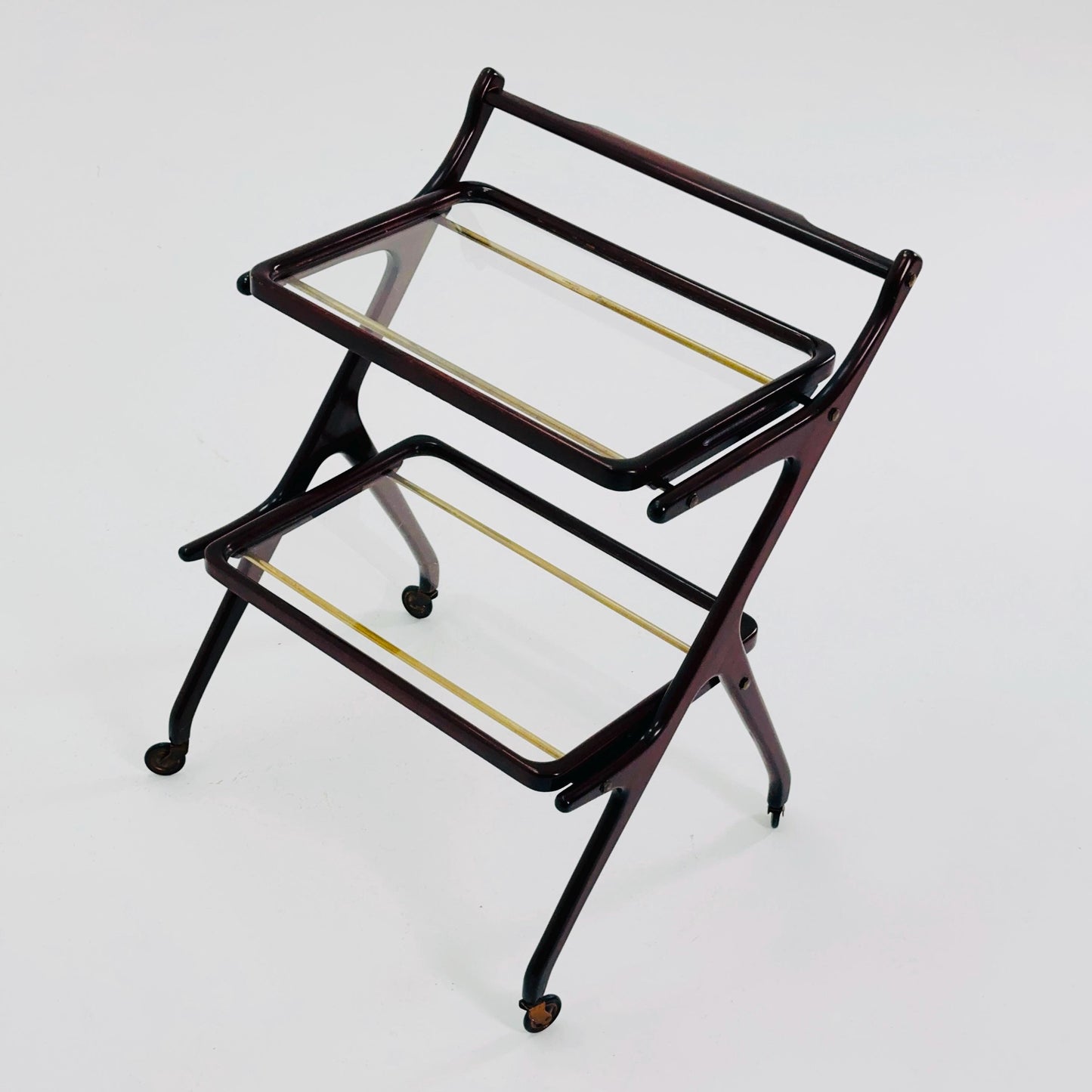 Mid-Century Italian Bar Cart by Cesare Lacca – Walnut & Brass Trolley with Removable Glass Trays, 1950s ltaly