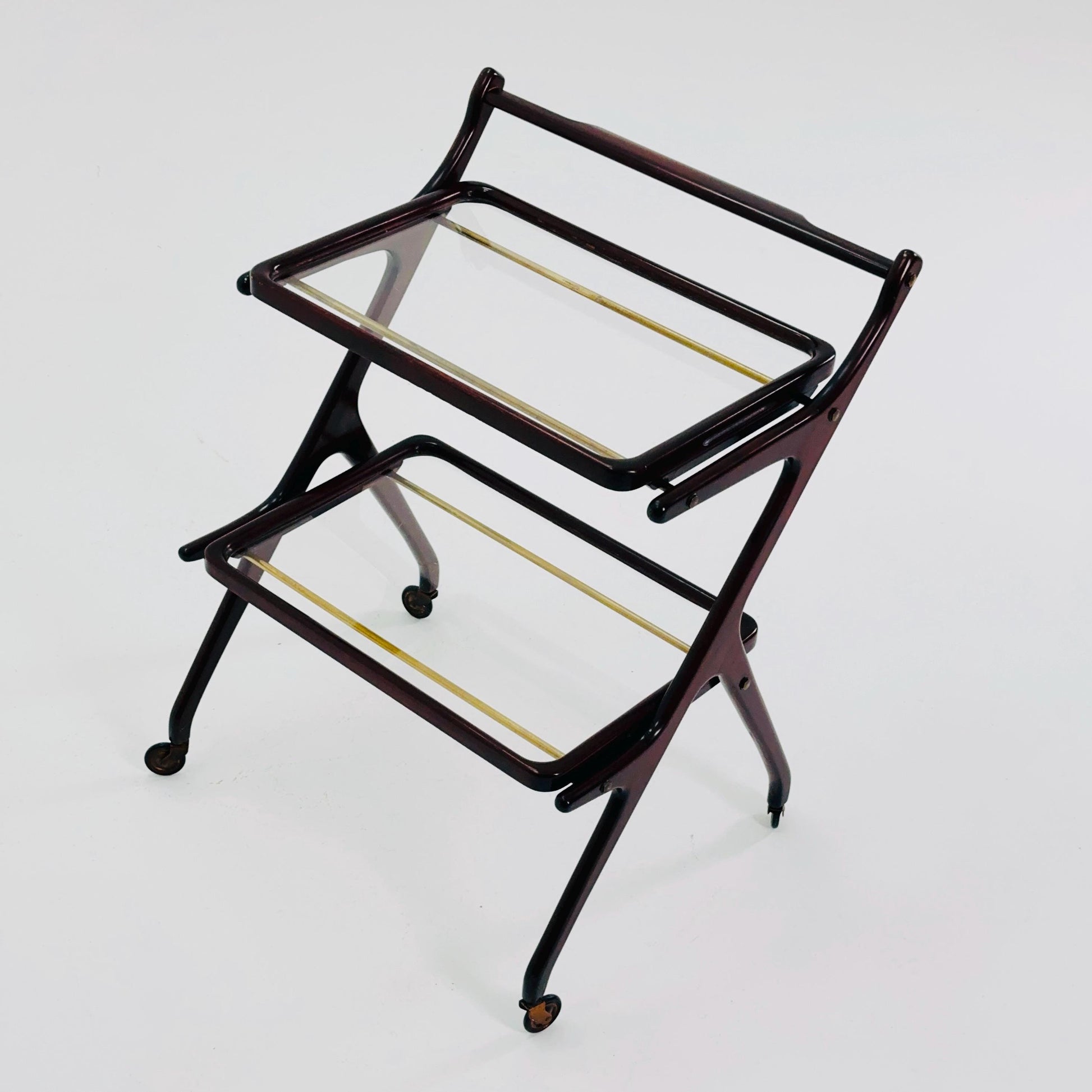 Mid-Century Italian Bar Cart by Cesare Lacca – Walnut & Brass Trolley with Removable Glass Trays, 1950s ltaly