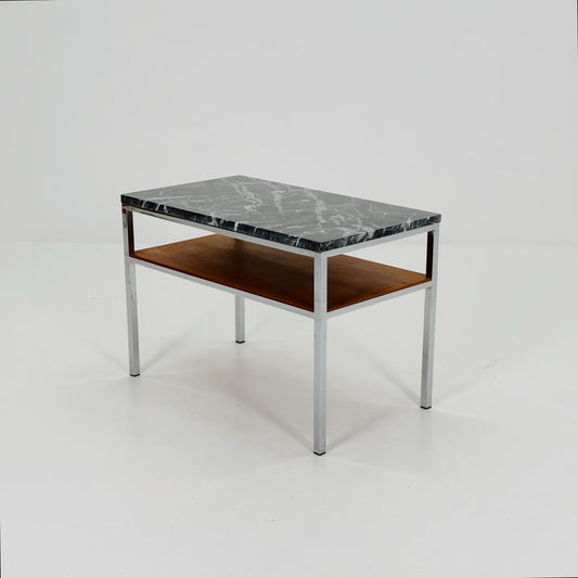 Mid-Century Bauhaus Marble Side Table by Adolf Pantle – Chrome & Teak Shelf, 1980s Germany