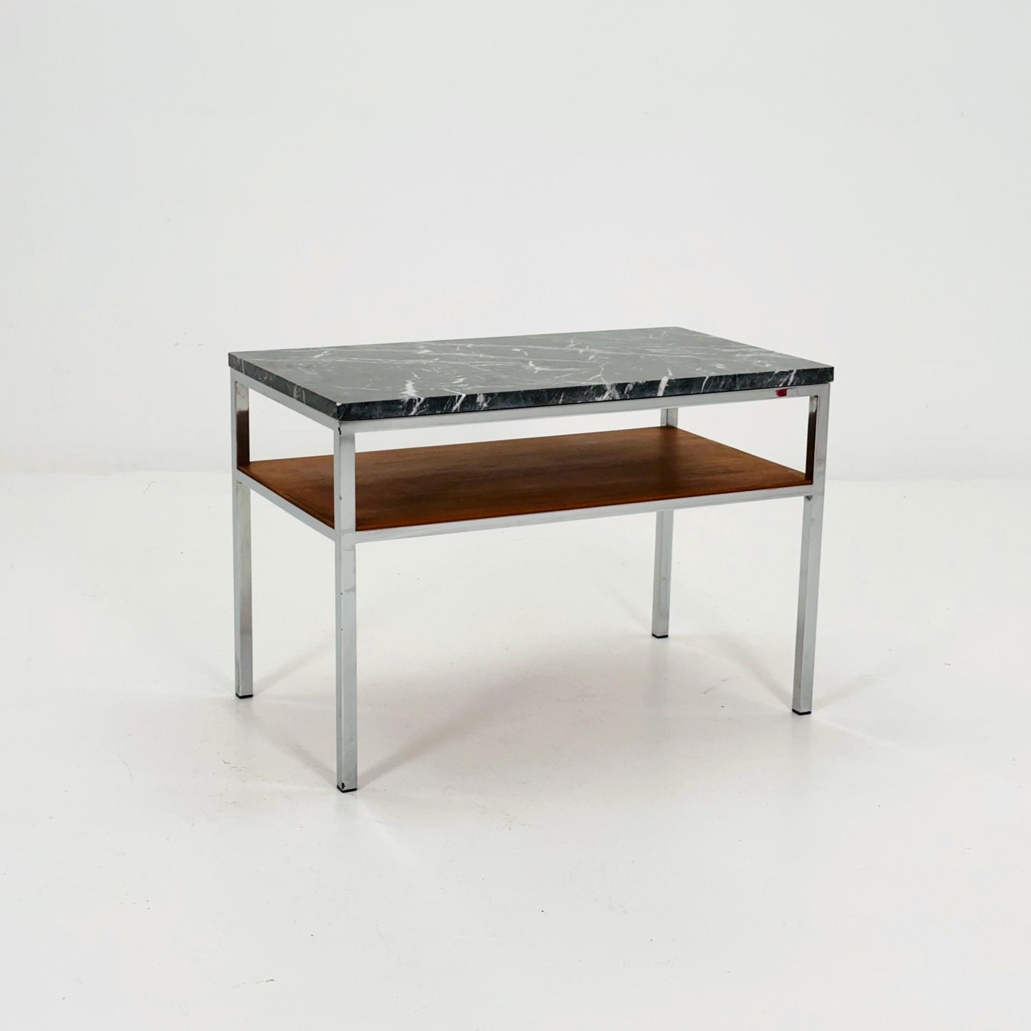Mid-Century Bauhaus Marble Side Table by Adolf Pantle – Chrome & Teak Shelf, 1980s Germany