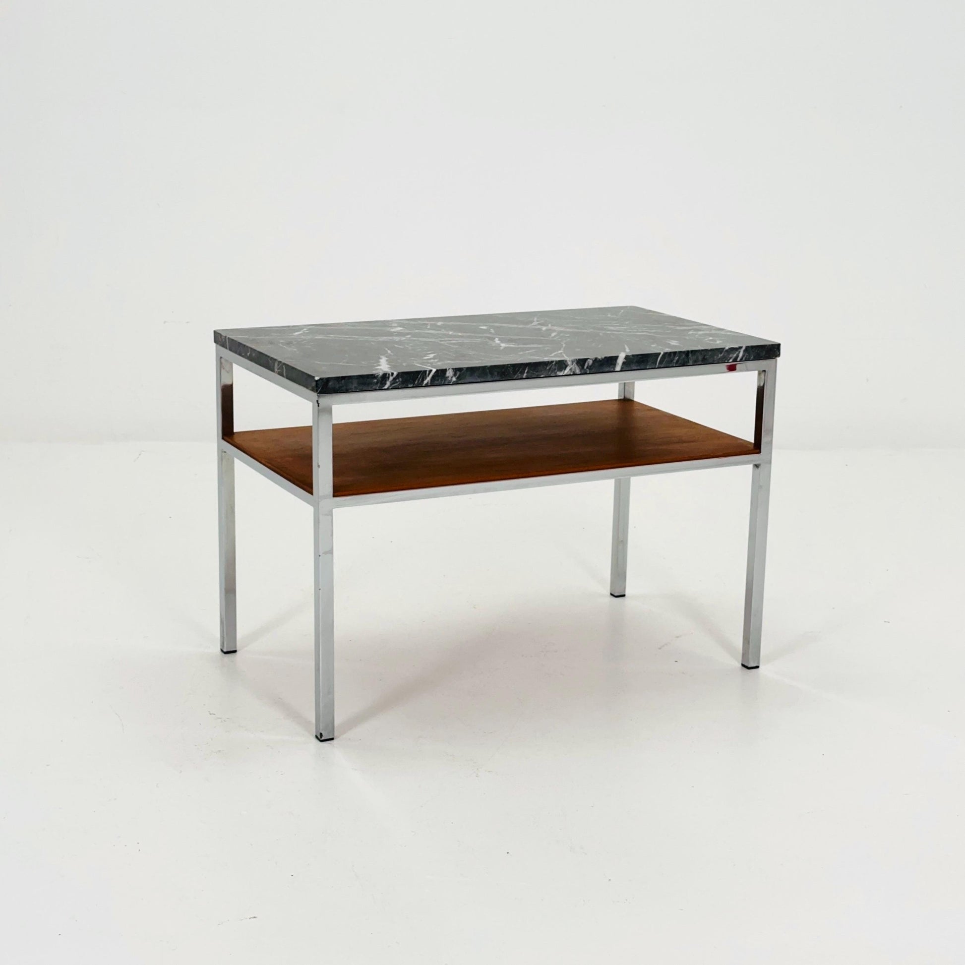 Mid-Century Bauhaus Marble Side Table by Adolf Pantle – Chrome & Teak Shelf, 1980s Germany