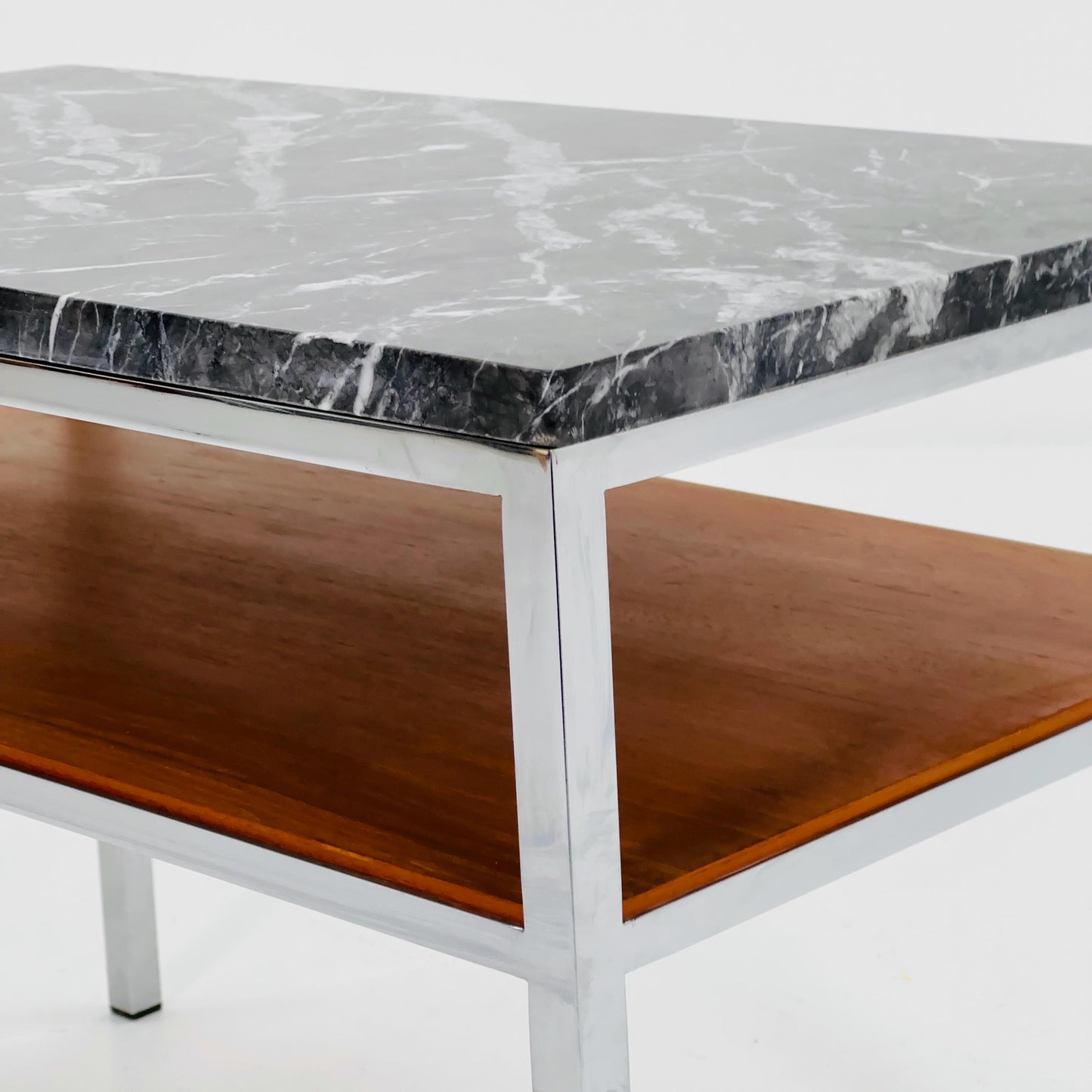Mid-Century Bauhaus Marble Side Table by Adolf Pantle – Chrome & Teak Shelf, 1980s Germany