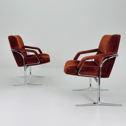 Set of 2 Mid Century Italian Lounge Chairs – Brown Velvet & Cast Chrome, 1980s Italy