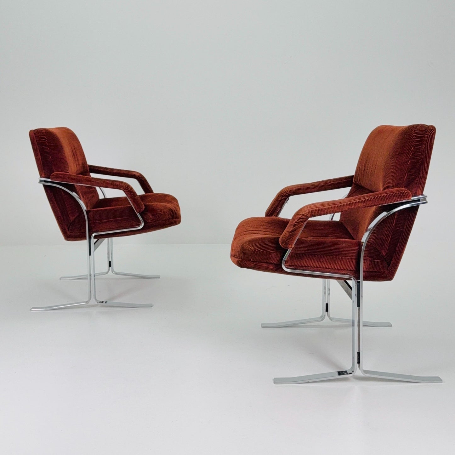 1 of 2 Mid Century Italian Lounge Chairs – Brown Velvet & Cast Chrome, 1980s Italy