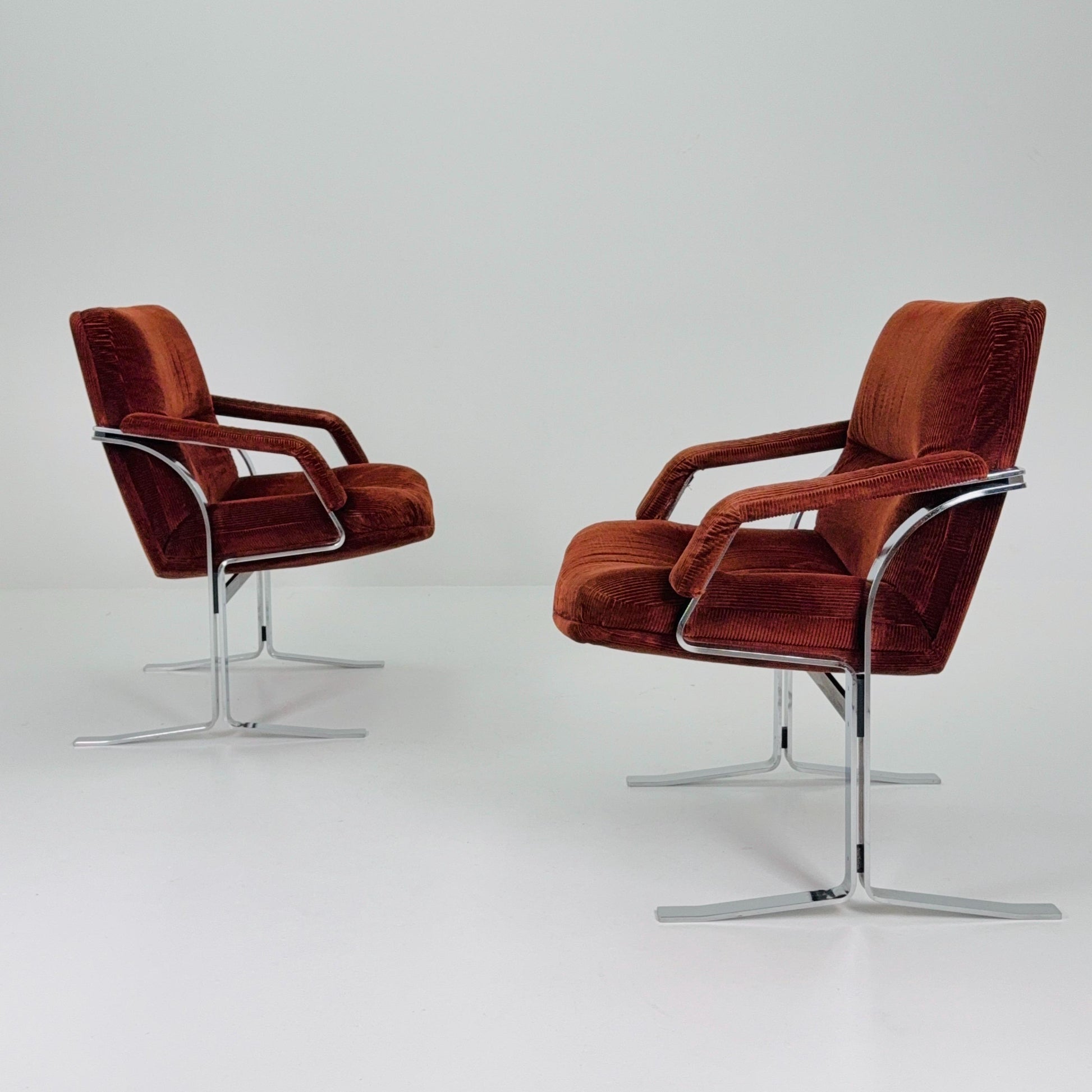 1 of 2 Mid Century Italian Lounge Chairs – Brown Velvet & Cast Chrome, 1980s Italy