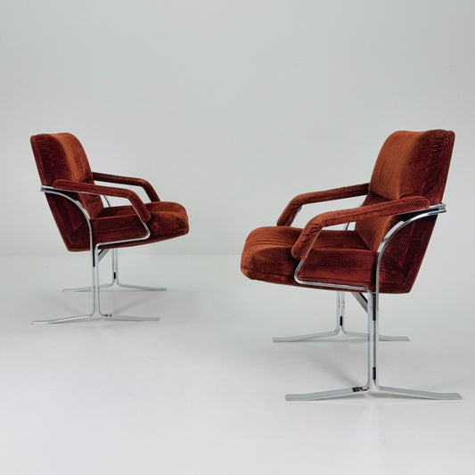 1 of 2 Mid Century Italian Lounge Chairs – Brown Velvet & Cast Chrome, 1980s Italy