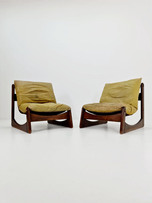 1 of 2 mid century armchairs in leather and wood By Straub Germany , 1960s