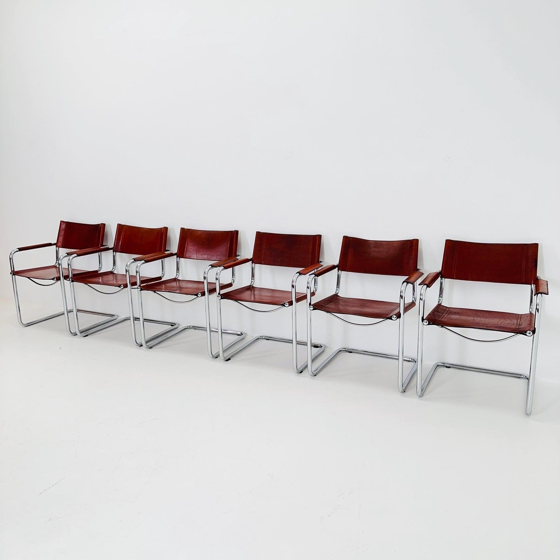 Set of 6 Model MG5 Centro Studi dining cognac leather chairs by Mart Stam & Marcel Breuer for Matteo Grassi, 1980s