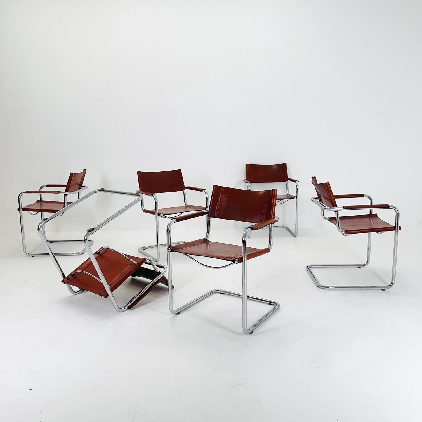 Set of 6 Model MG5 Centro Studi dining cognac leather chairs by Mart Stam & Marcel Breuer for Matteo Grassi, 1980s