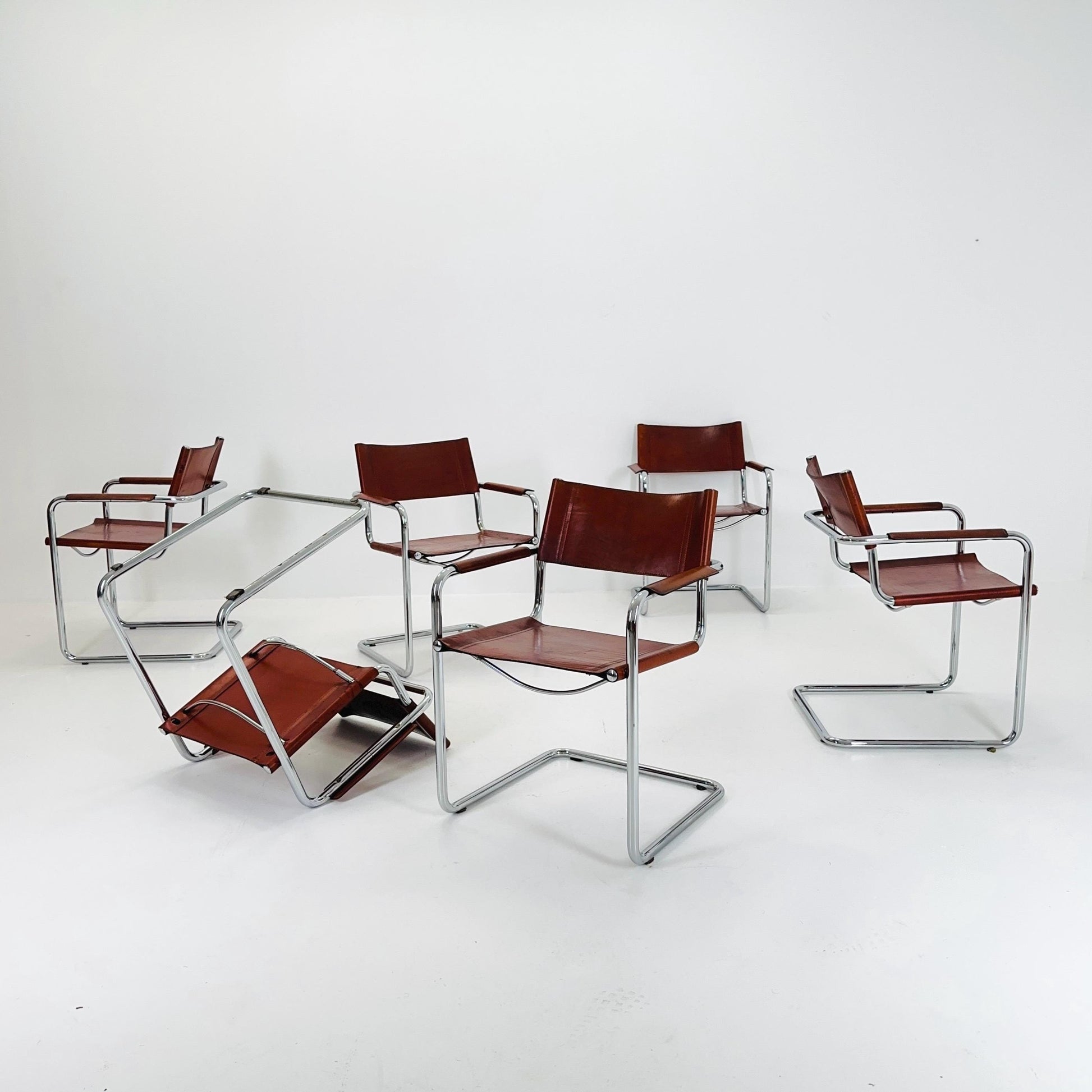 Set of 6 Model MG5 Centro Studi dining cognac leather chairs by Mart Stam & Marcel Breuer for Matteo Grassi, 1980s