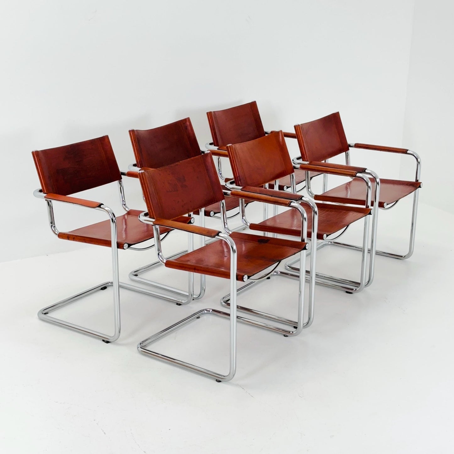 Set of 6 Model MG5 Centro Studi dining cognac leather chairs by Mart Stam & Marcel Breuer for Matteo Grassi, 1980s