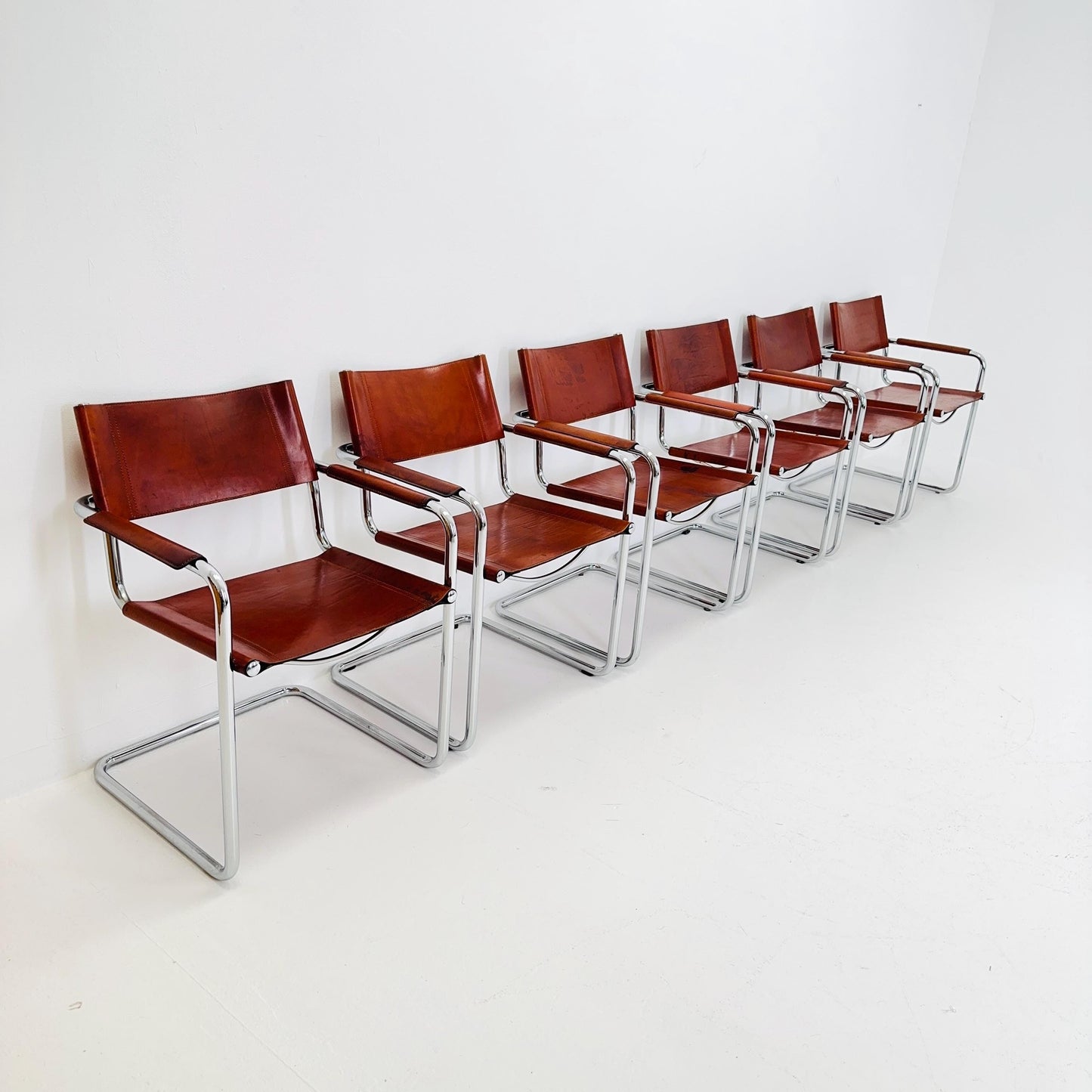 Set of 6 Model MG5 Centro Studi dining cognac leather chairs by Mart Stam & Marcel Breuer for Matteo Grassi, 1980s