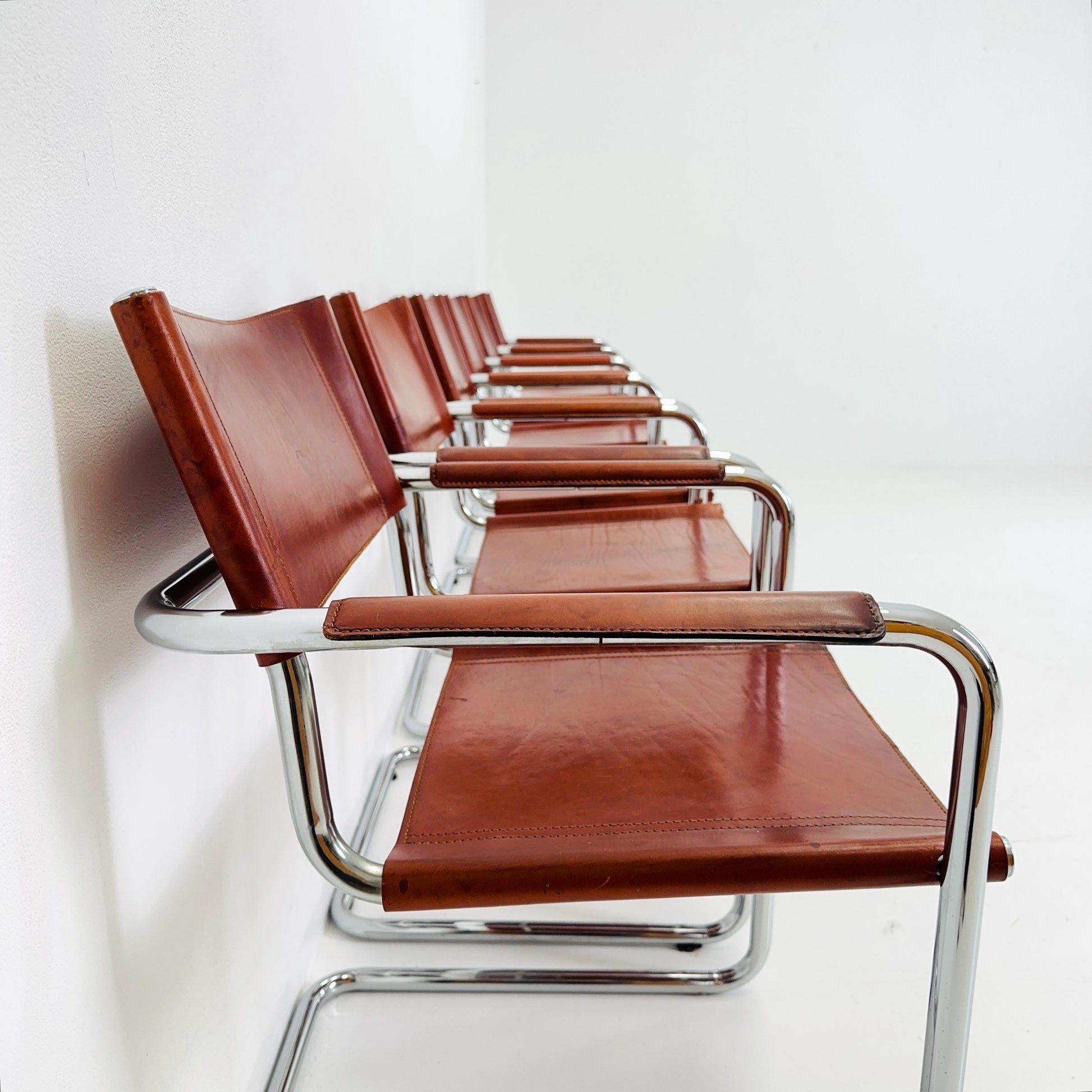 Set of 6 Model MG5 Centro Studi dining cognac leather chairs by Mart Stam & Marcel Breuer for Matteo Grassi, 1980s