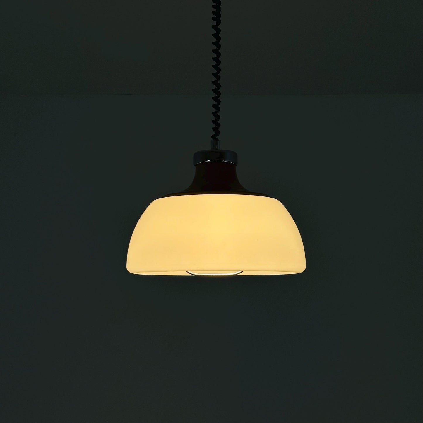 Mid Century Plexiglass Space Age Pendant Lamp with White Acrylic Shade and orange top 1970s