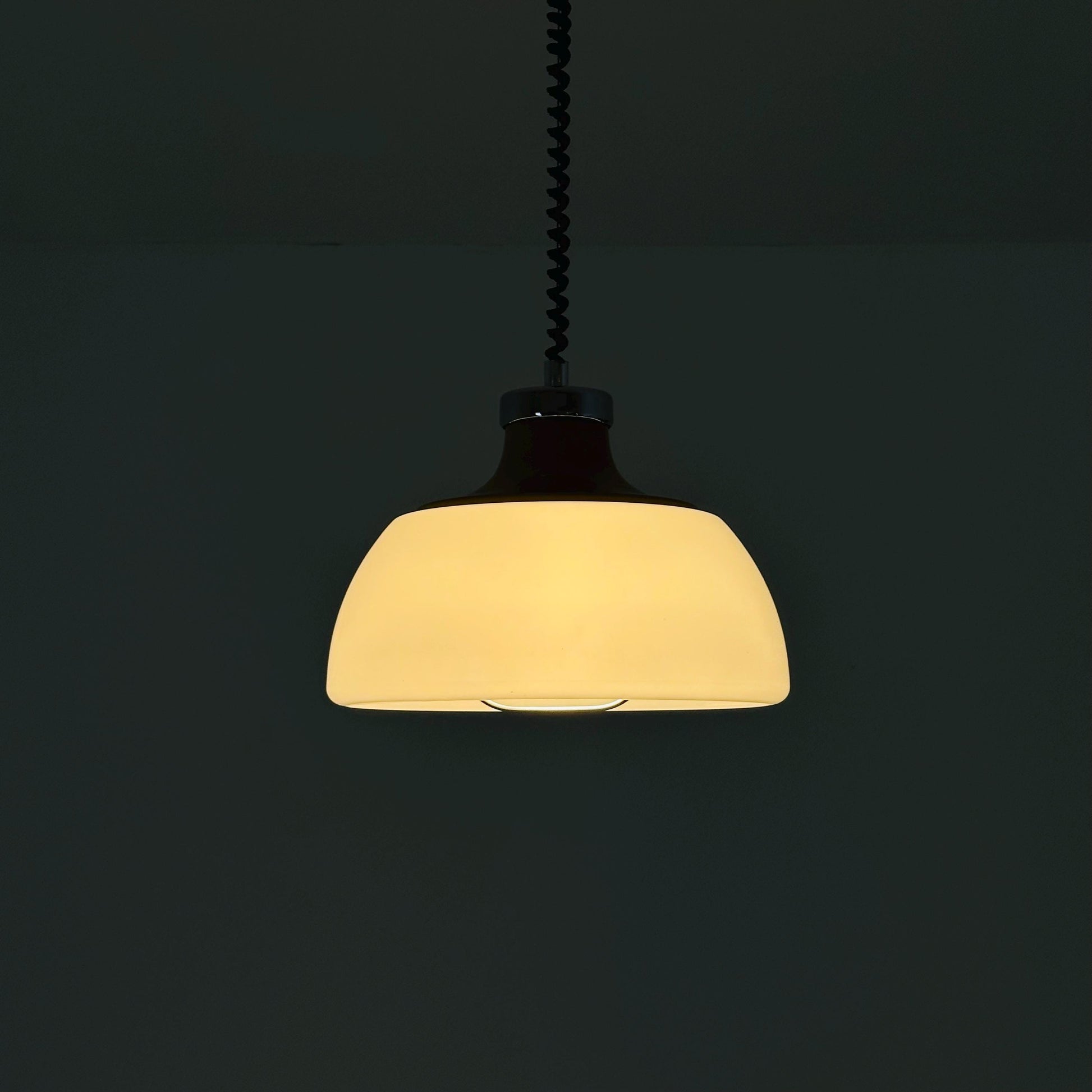 Mid Century Plexiglass Space Age Pendant Lamp with White Acrylic Shade and orange top 1970s