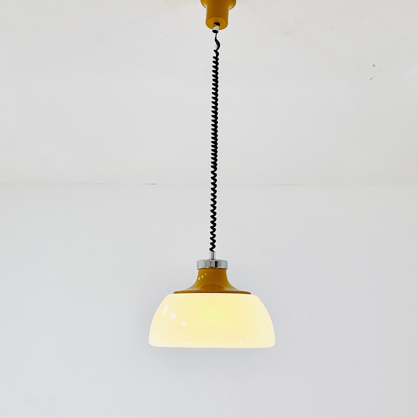 Mid Century Plexiglass Space Age Pendant Lamp with White Acrylic Shade and orange top 1970s