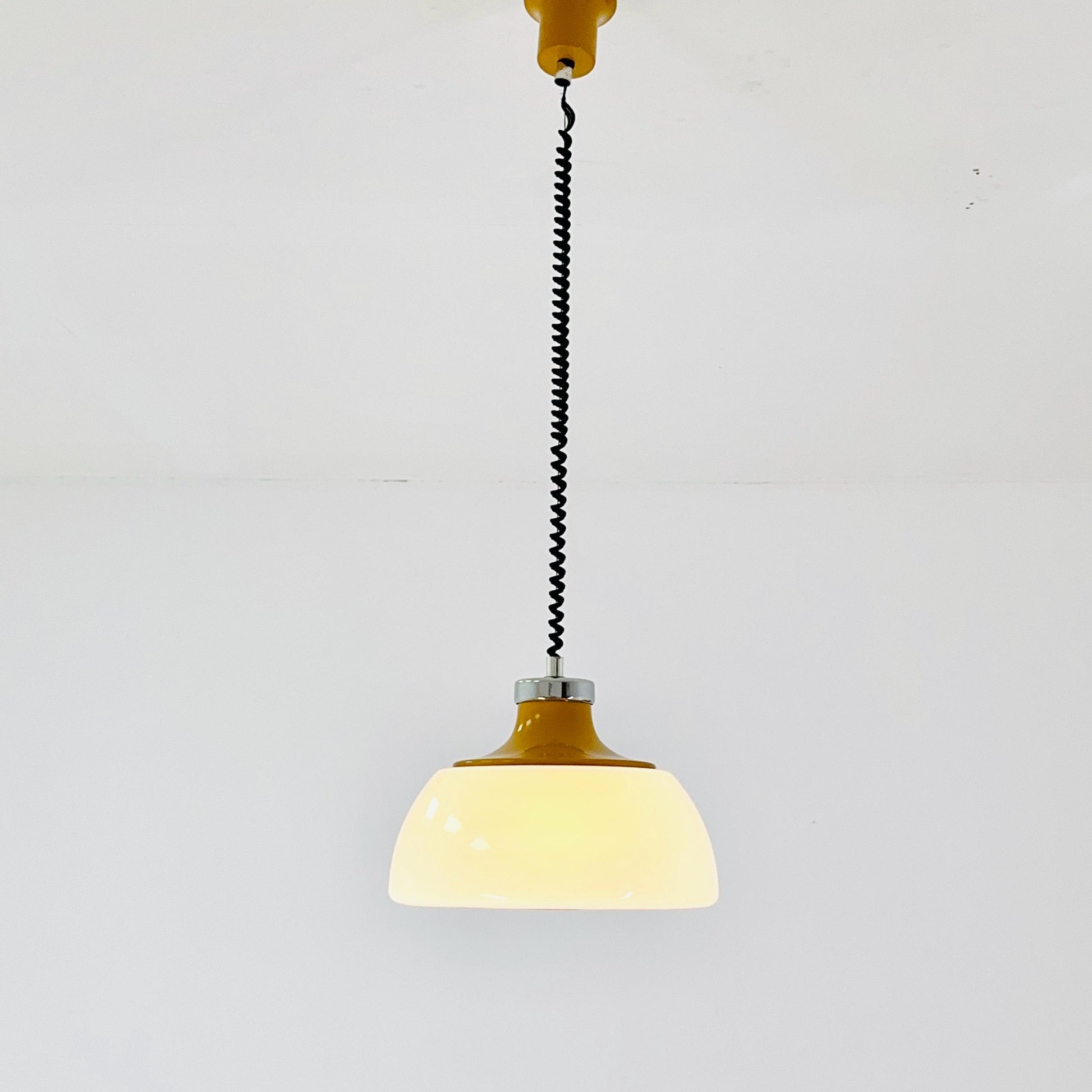 Mid Century Plexiglass Space Age Pendant Lamp with White Acrylic Shade and orange top 1970s