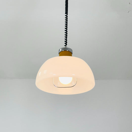 Mid Century Plexiglass Space Age Pendant Lamp with White Acrylic Shade and orange top 1970s