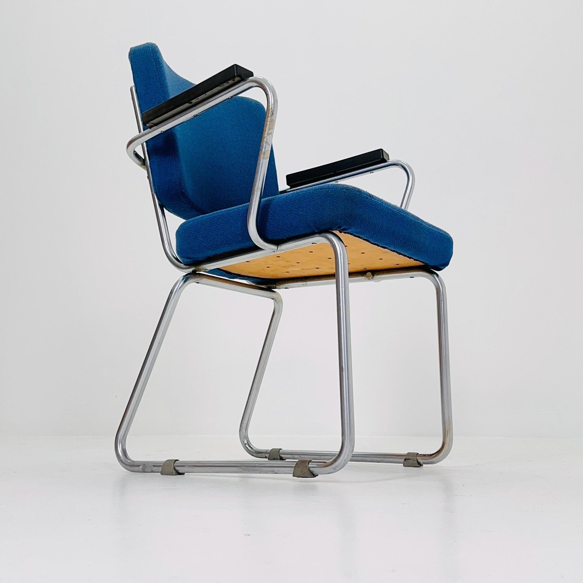 Vintage Gispen Hoffmann Model 352 Armchair – Dutch Mid Century Design, Blue Upholstery, Chrome Frame 1950s