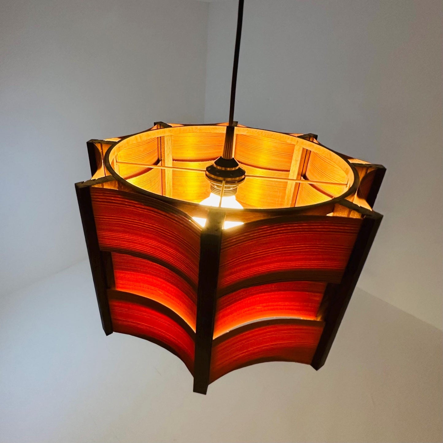 Mid-Century Modern Danish Pendant Lamp – Sculptural Wooden Shade, 1960s Denmark