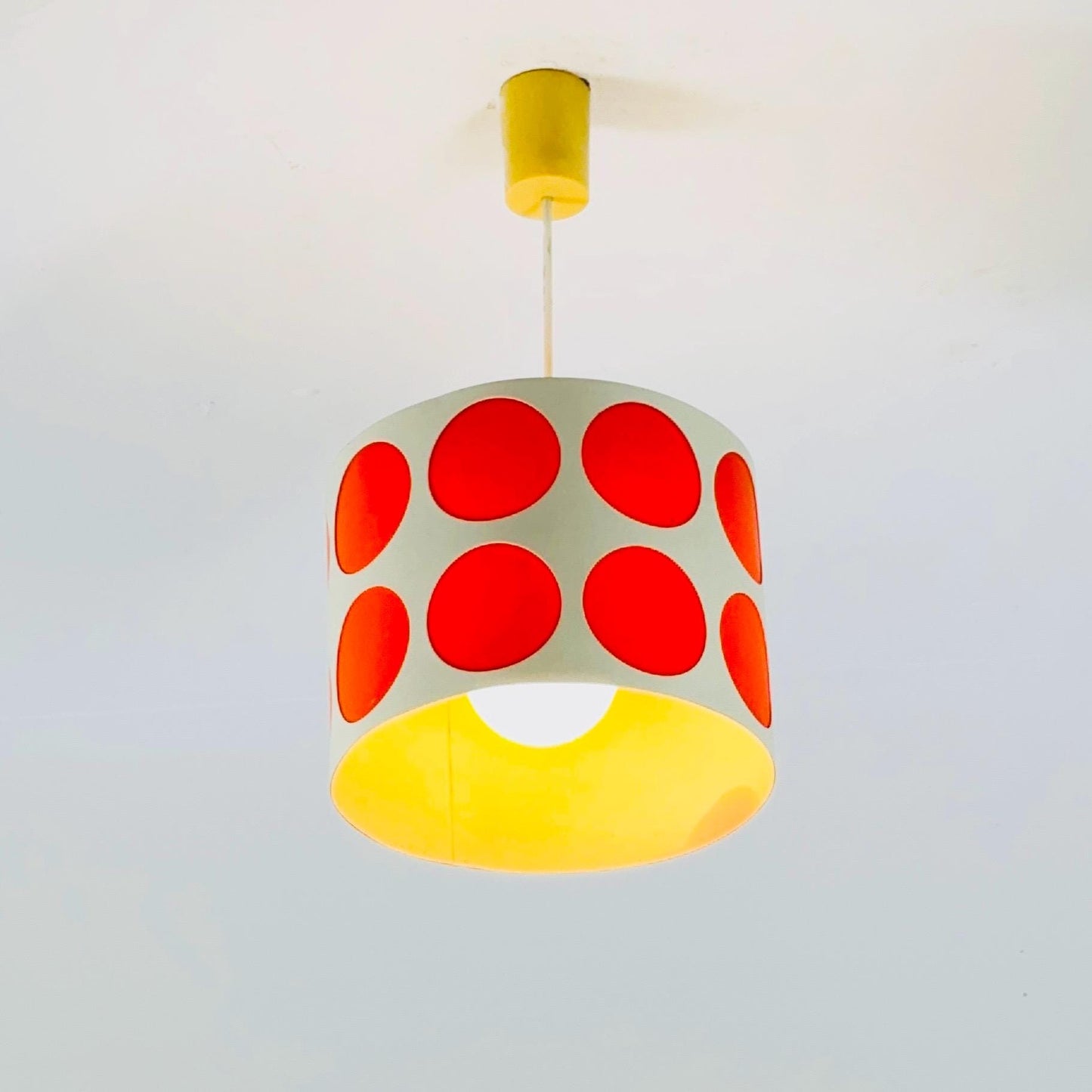 Mid-Century Pop Art Pendant Lamp – White Perforated Metal with Orange Circles, 1970s Germany